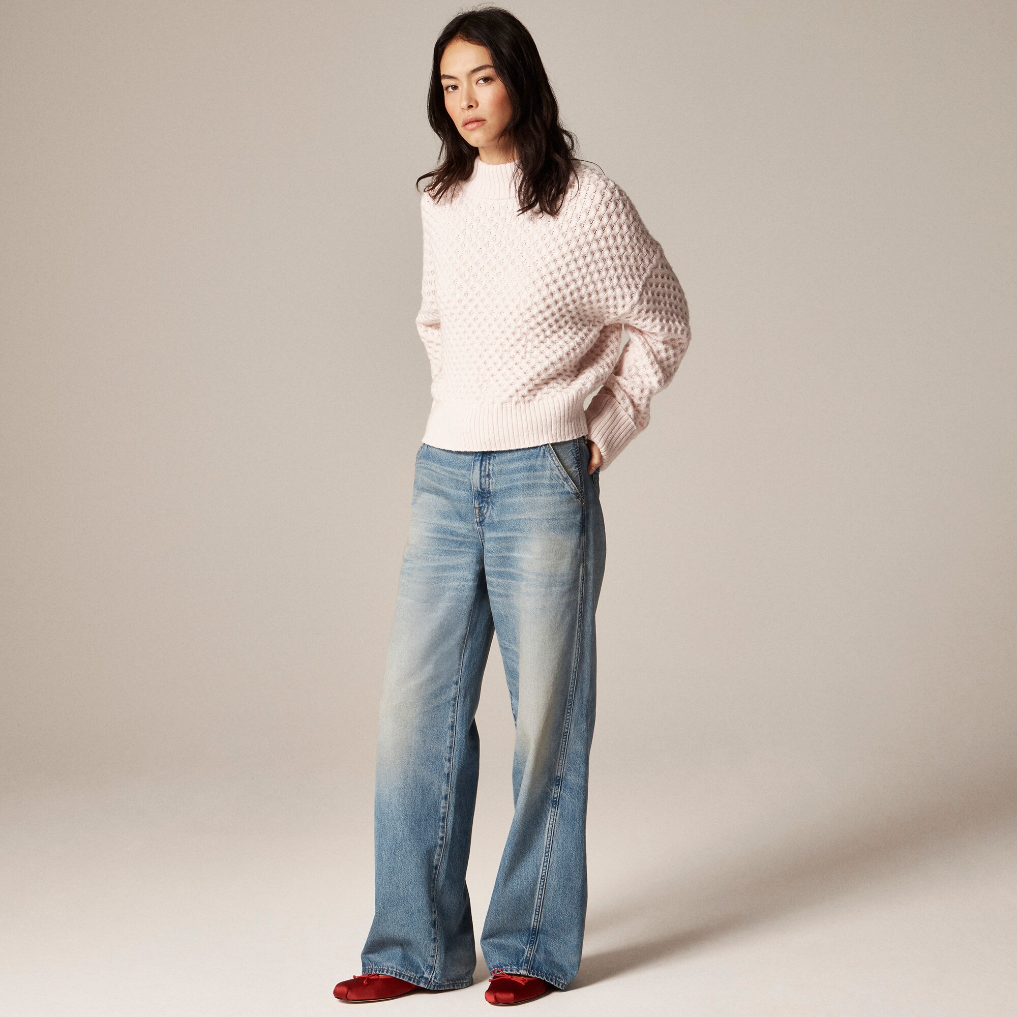 Honeycomb mockneck sweater in wool blend