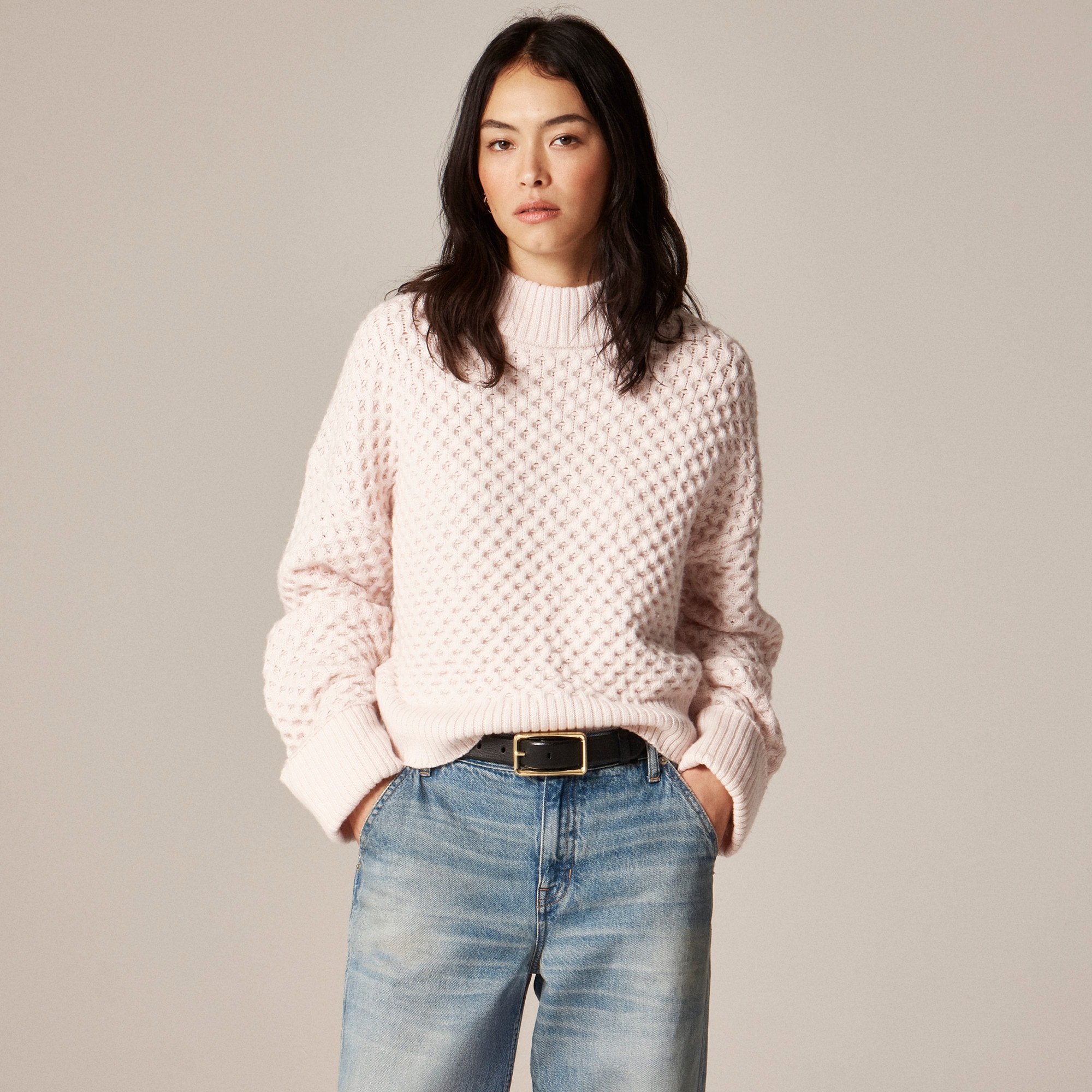 Honeycomb mockneck sweater in wool blend