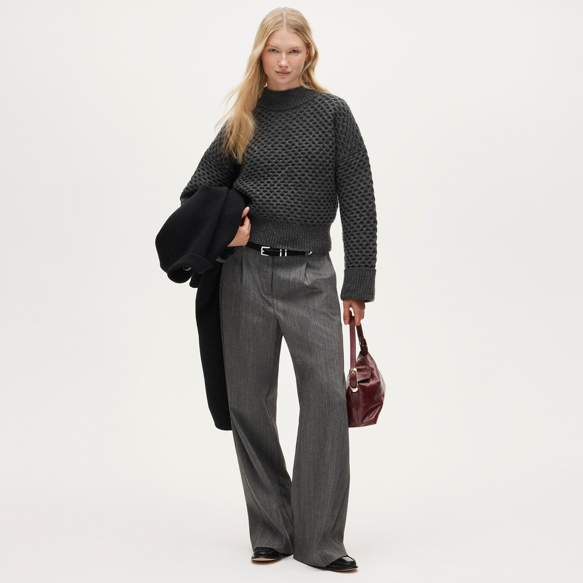 Honeycomb mockneck sweater in wool blend