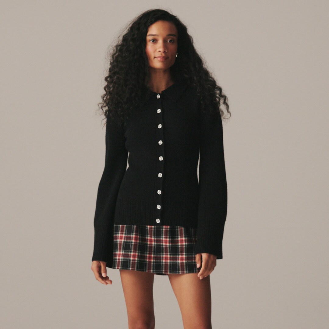 Milano-stitch cinched-waist cardigan with embellished buttons