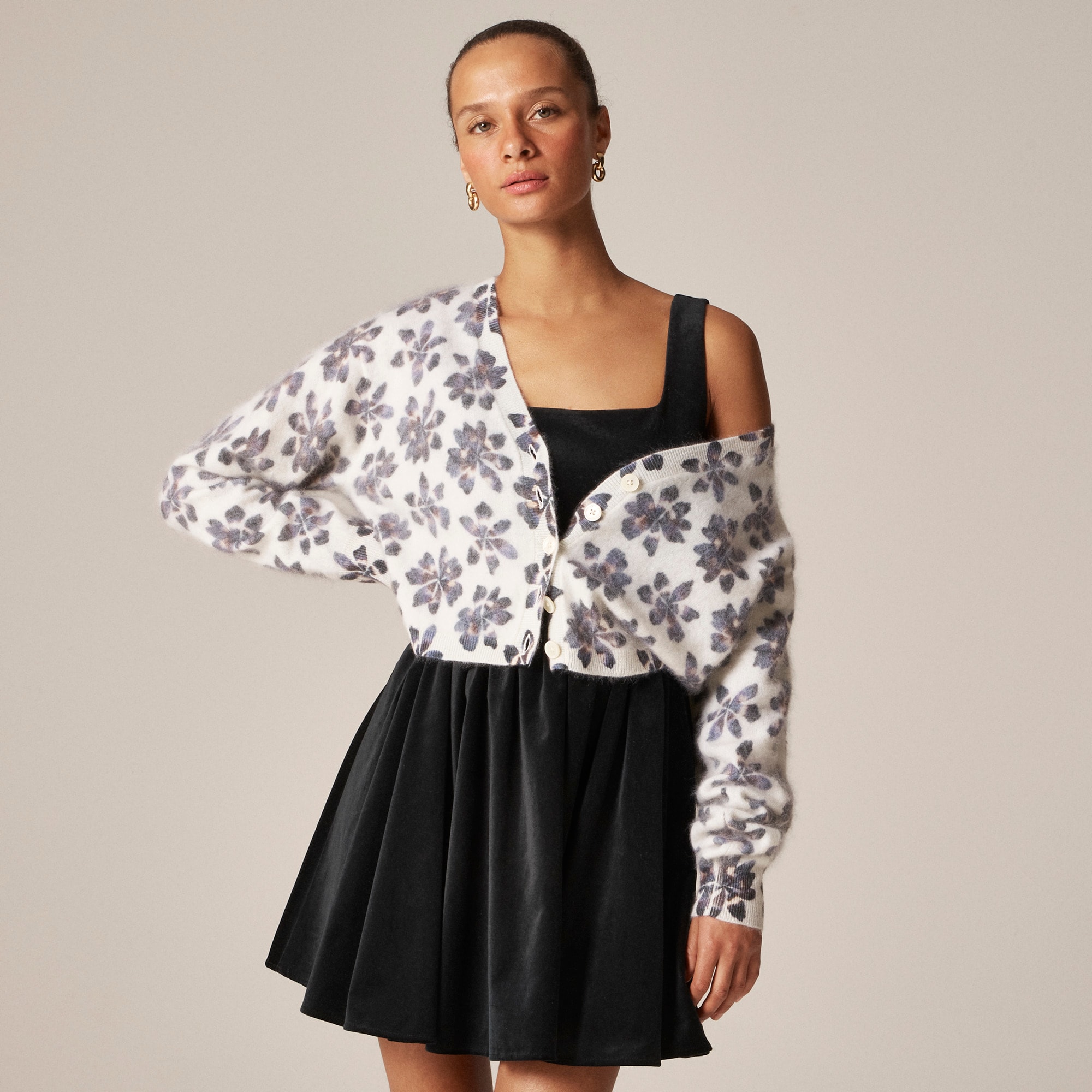 Brushed cashmere party cardigan in floral print