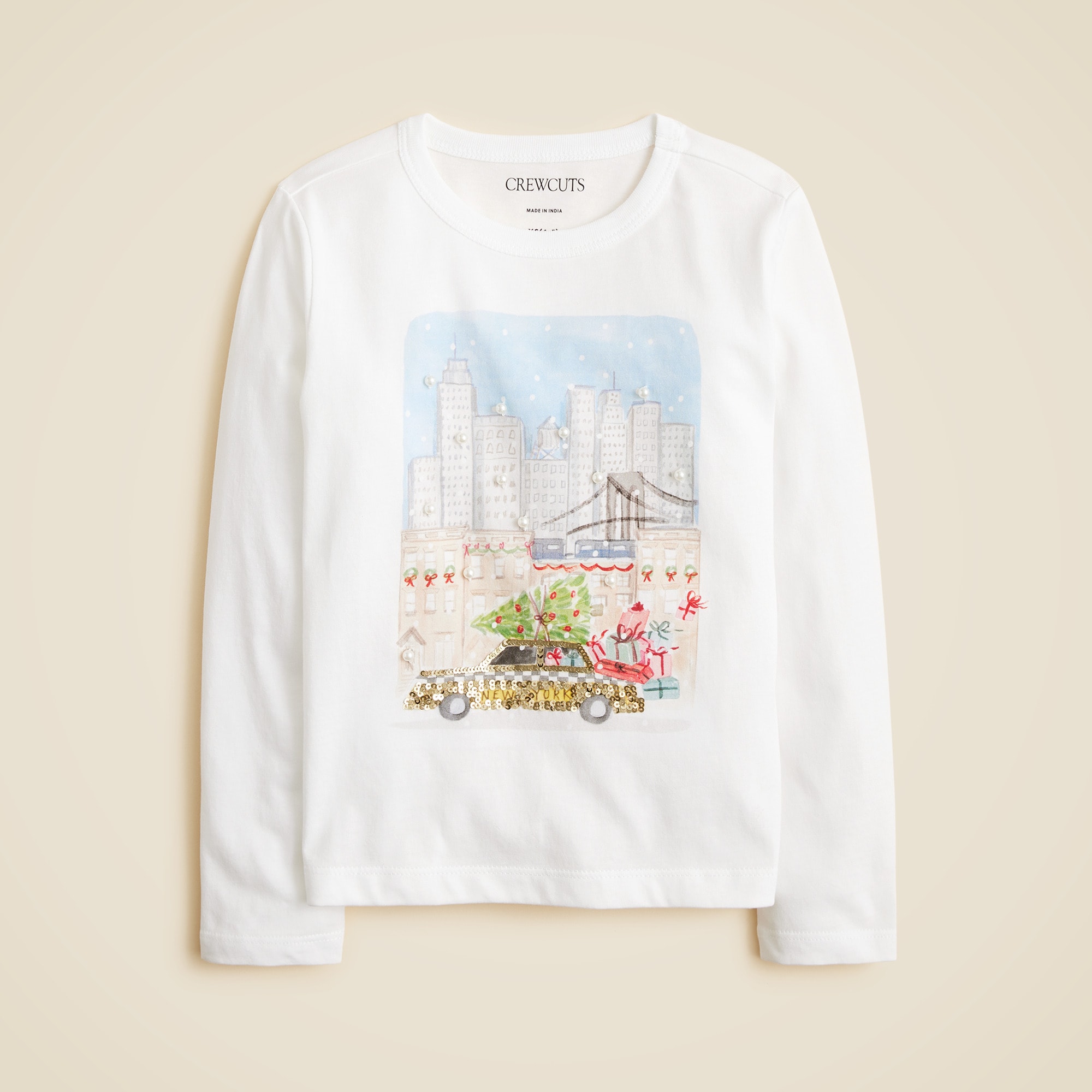 Girls' long-sleeve NYC holiday graphic T-shirt with sequins