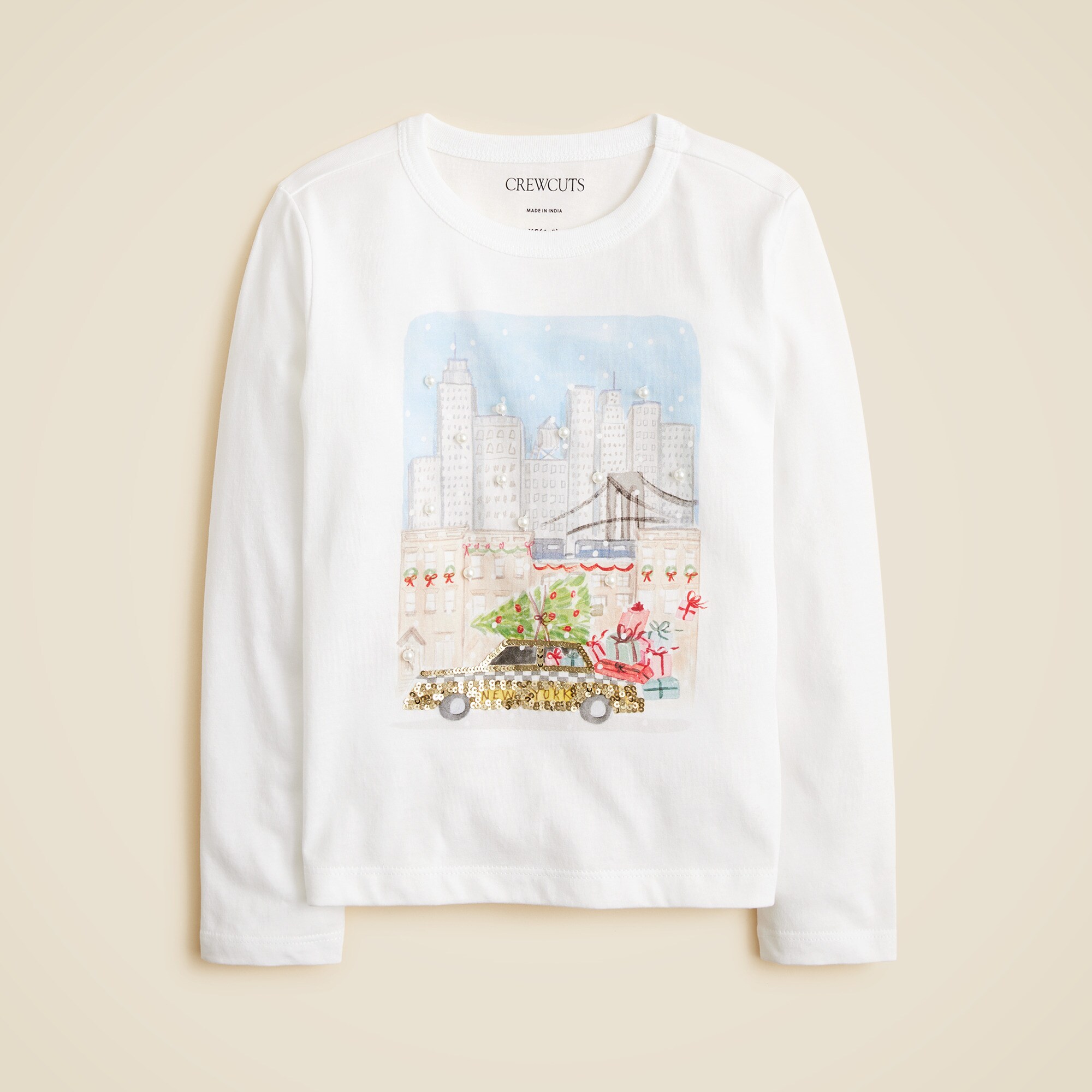 Girls' long-sleeve NYC holiday graphic T-shirt with sequins