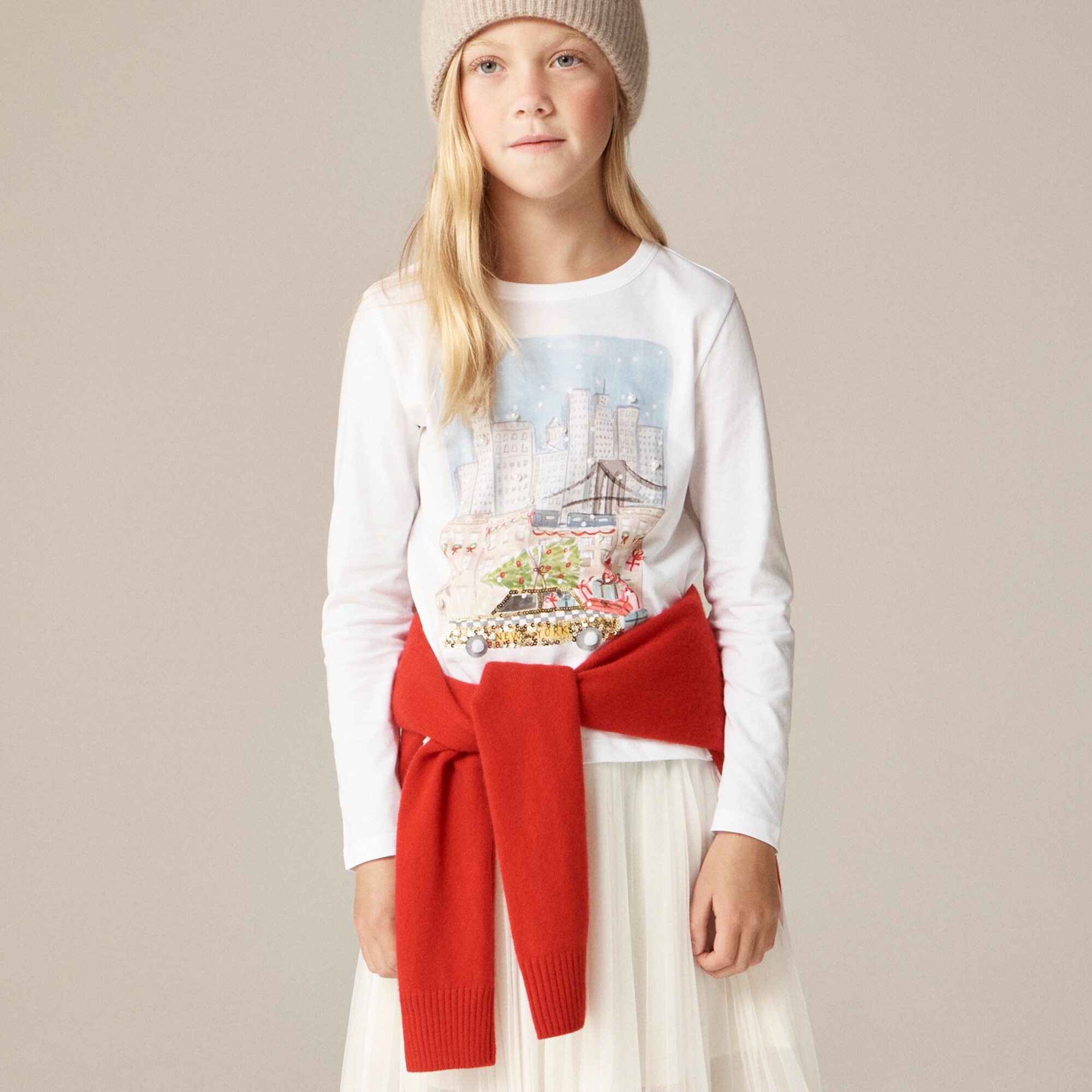 Girls' long-sleeve NYC holiday graphic T-shirt with sequins