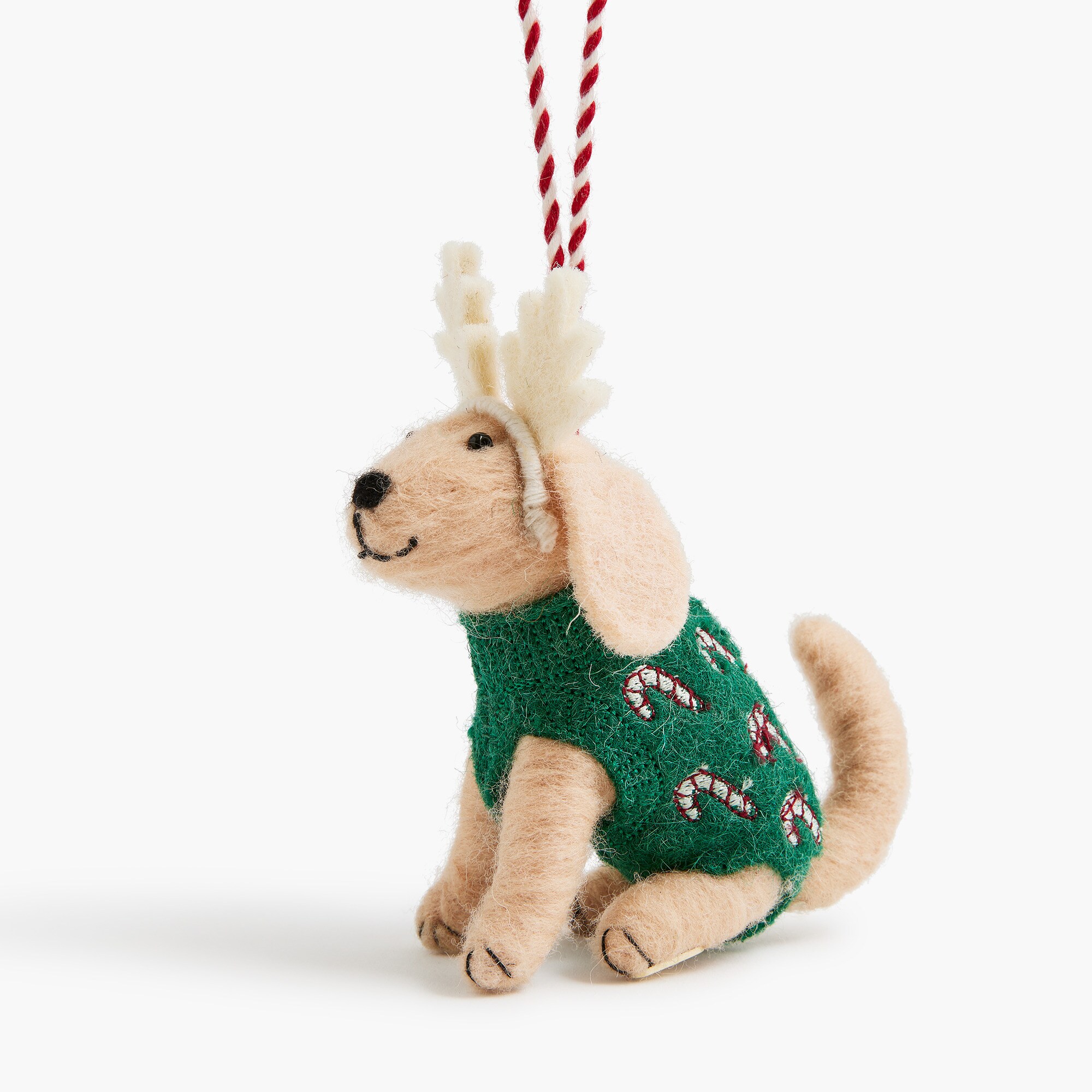 dog in candy cane sweater and antlers ornament for women