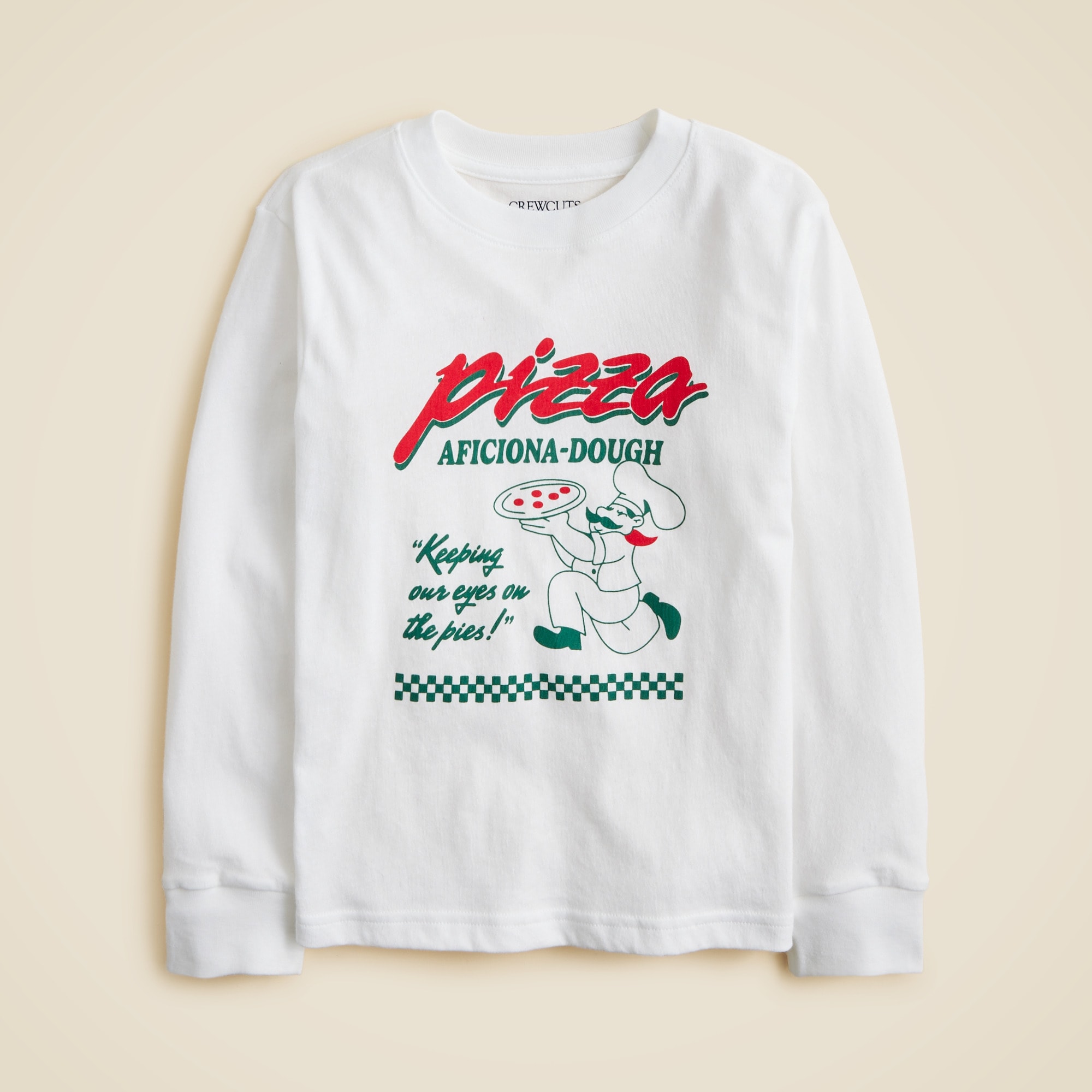 Kids' long-sleeve "Pizza aficiona-dough" graphic T-shirt