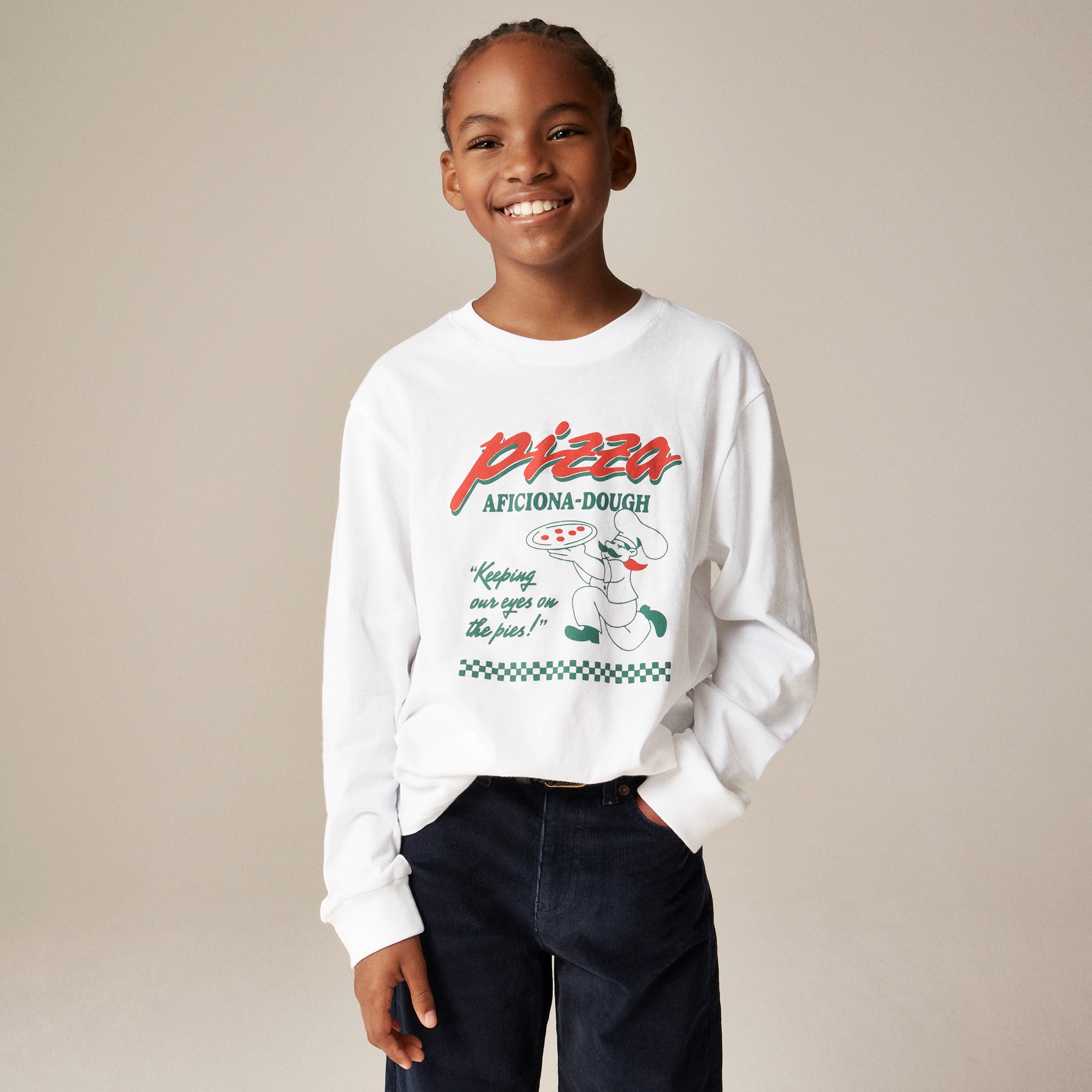  Kids' long-sleeve &quot;Pizza aficiona-dough&quot; graphic T-shirt