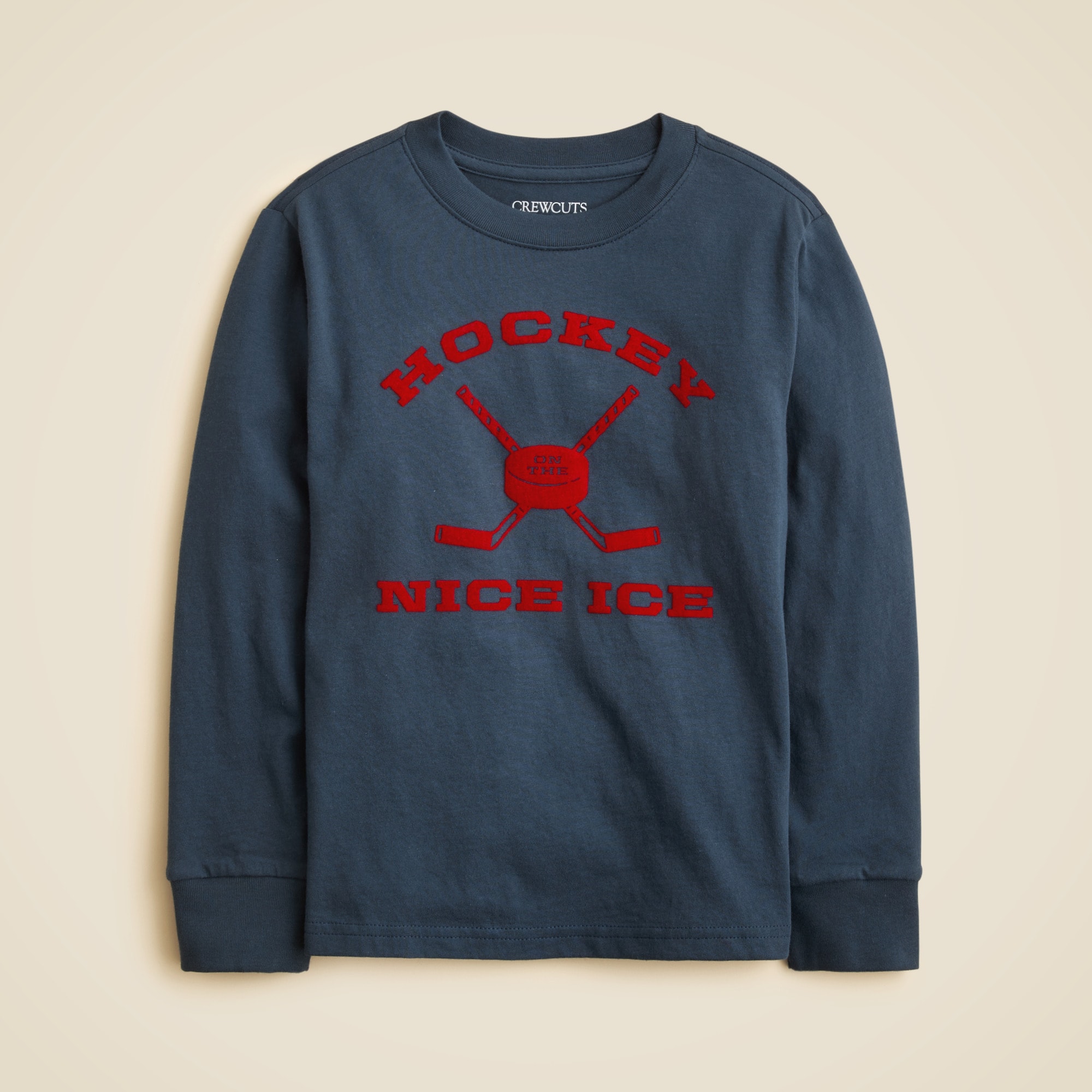 Kids' long-sleeve hockey graphic T-shirt with flocking