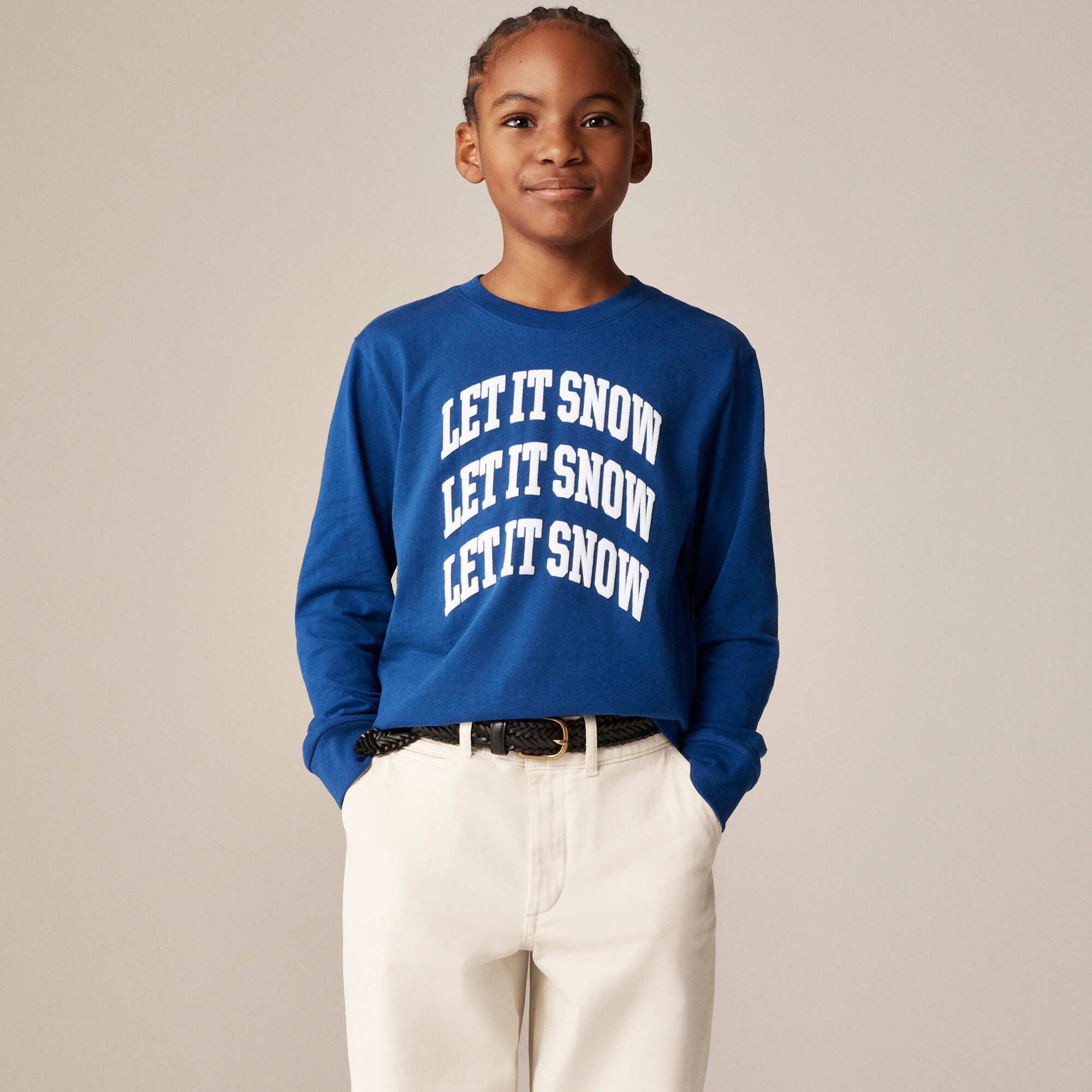 Kids' long-sleeve "Let it snow" graphic T-shirt with flocking