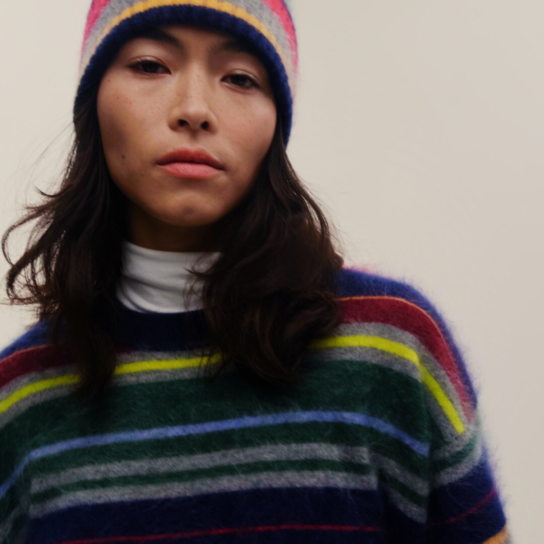 Brushed cashmere relaxed crewneck sweater in vintage stripe