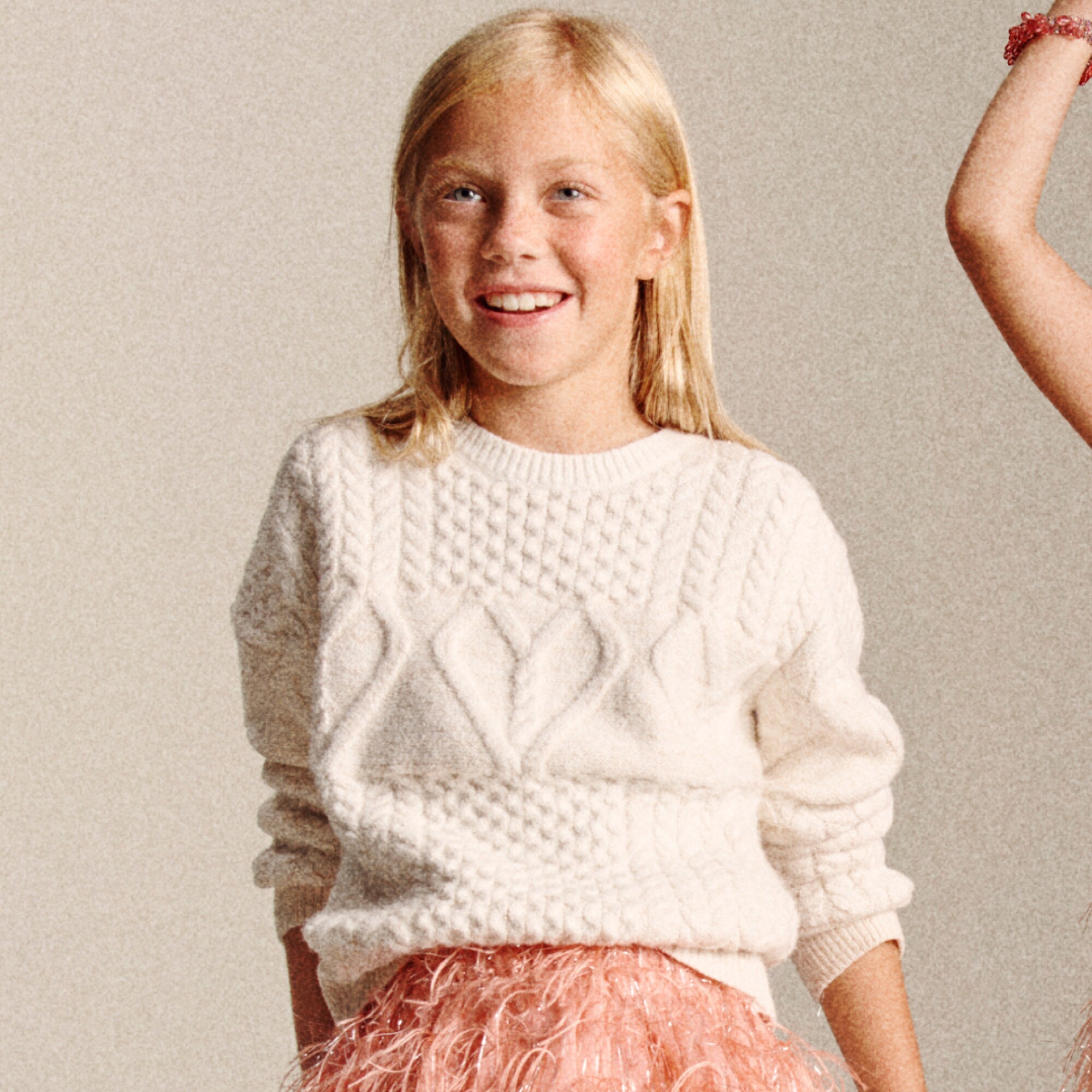 Girls' heart cable-knit sweater with Lurex® metallic threads