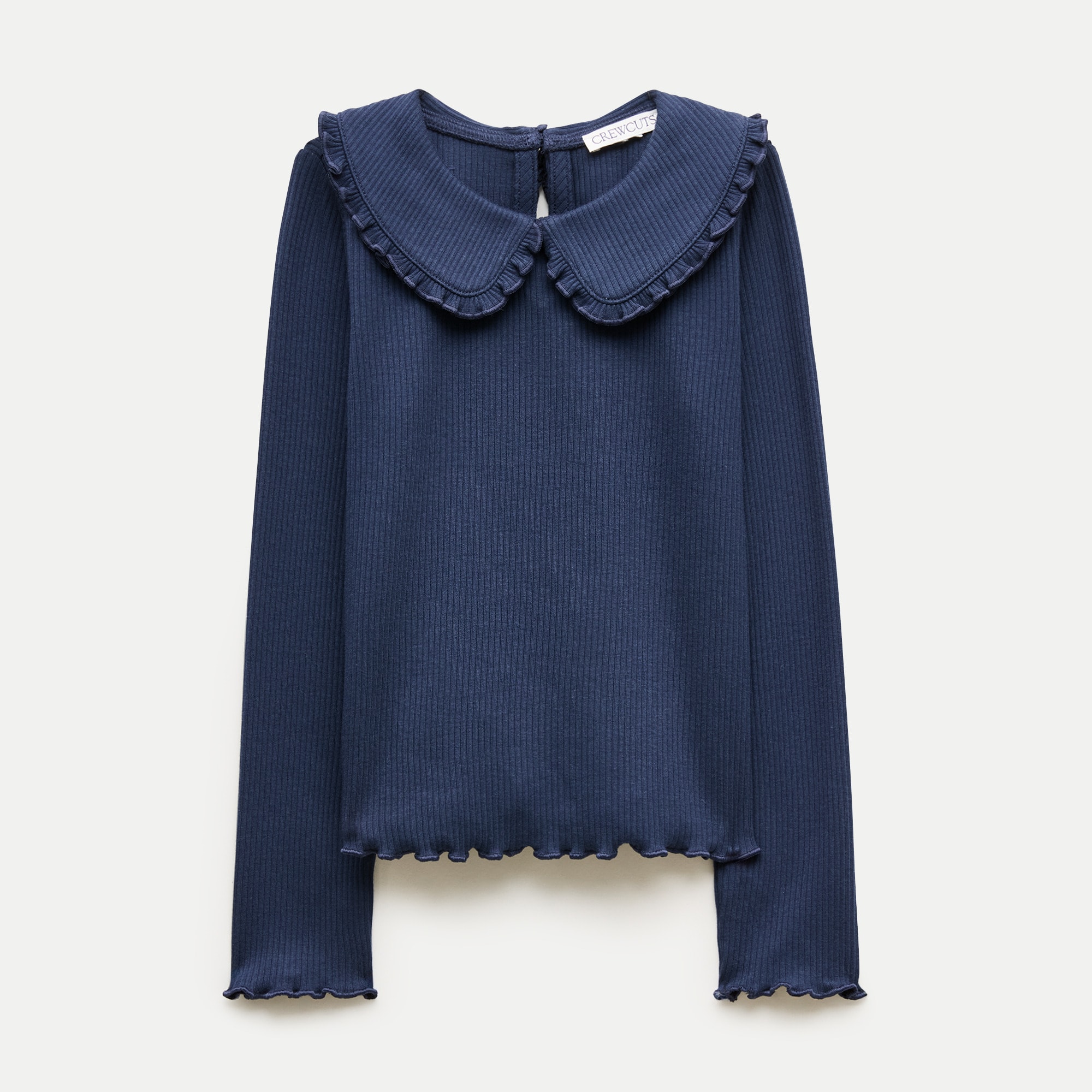 Girls' long-sleeve ruffle-collar top in vintage rib