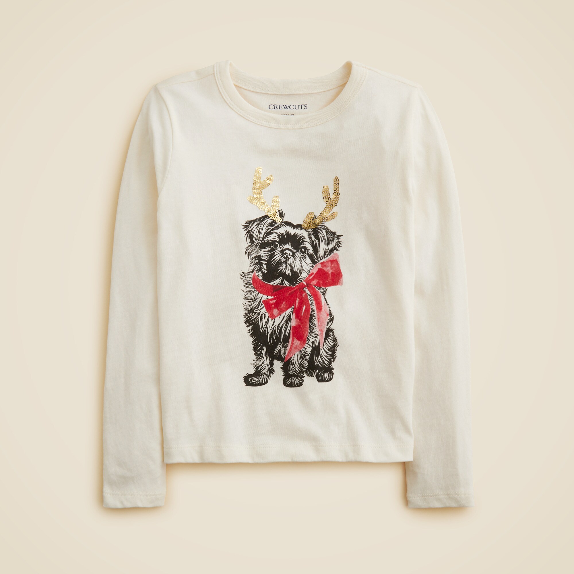  Girls' long-sleeve antler pup graphic T-shirt with sequins