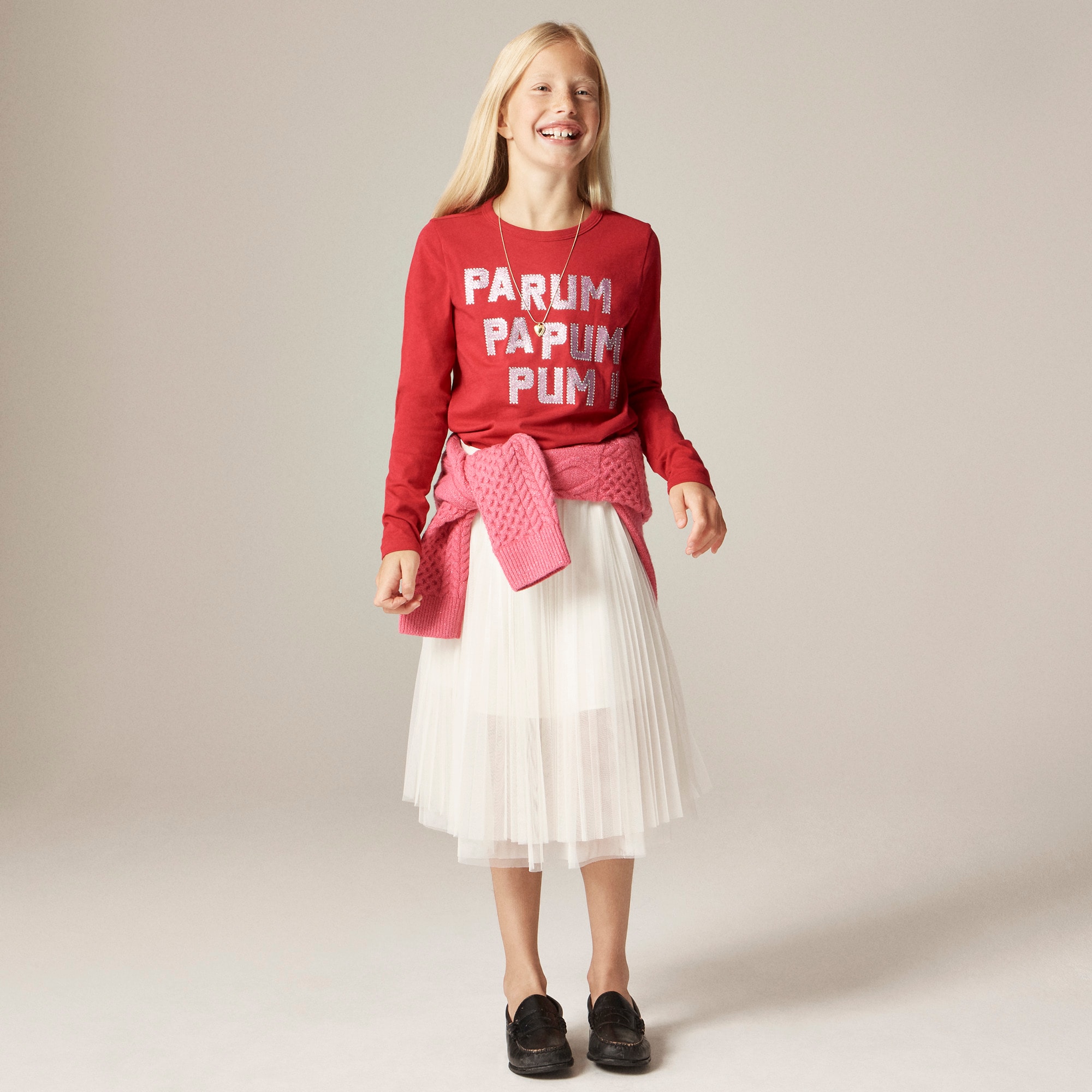  Girls' long-sleeve &quot;Pa rum pa pum&quot; graphic T-shirt with embellishments