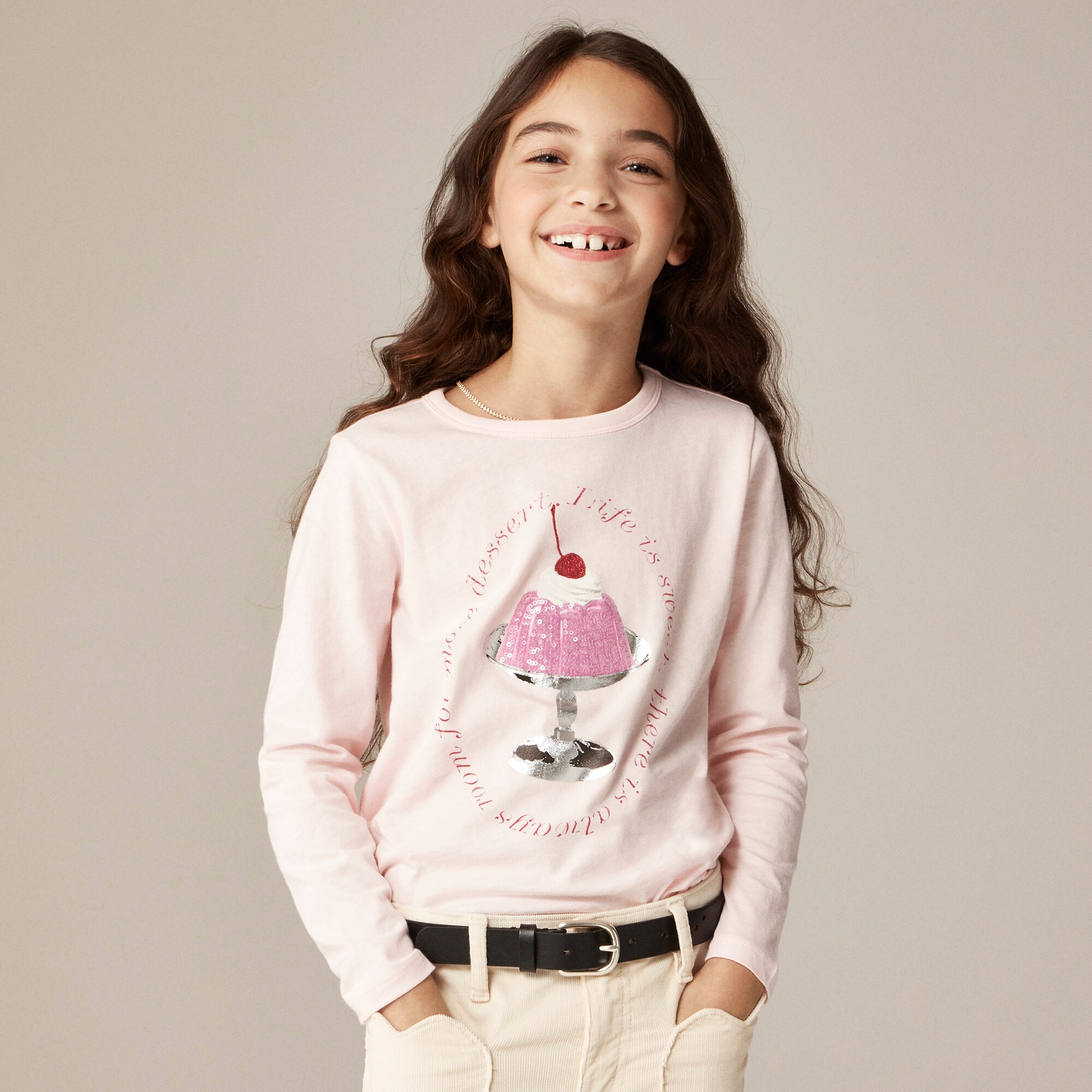  Girls' long-sleeve jelly parfait graphic T-shirt with sequins