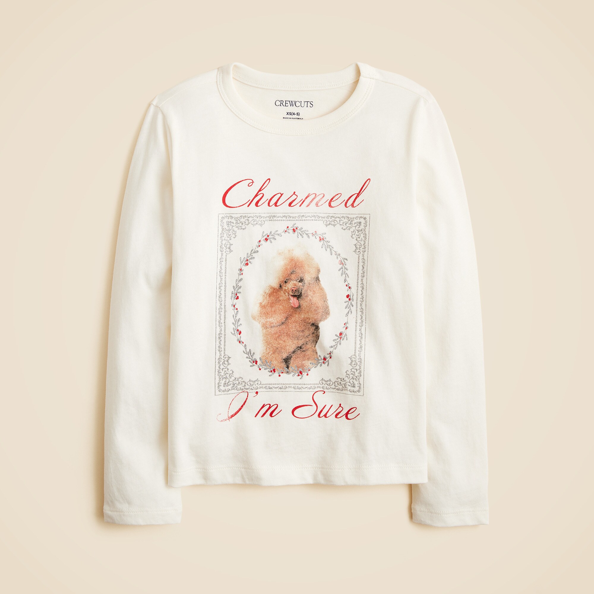 Girls' long-sleeve poodle graphic T-shirt with glitter