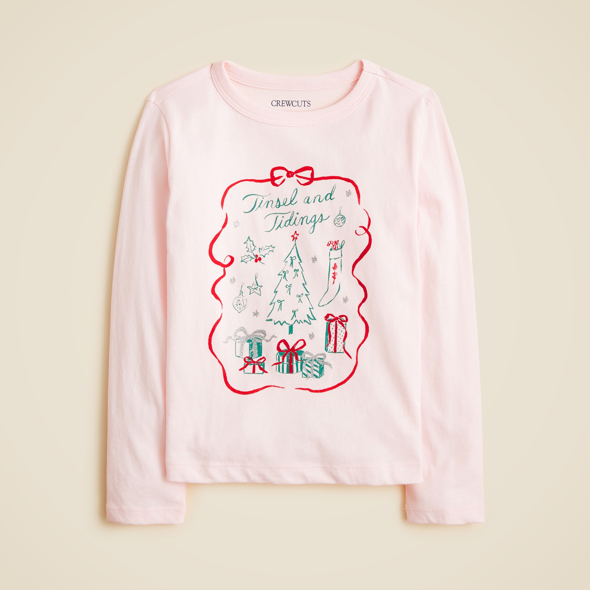Girls' long-sleeve "Tinsel and tidings" graphic T-shirt with glitter