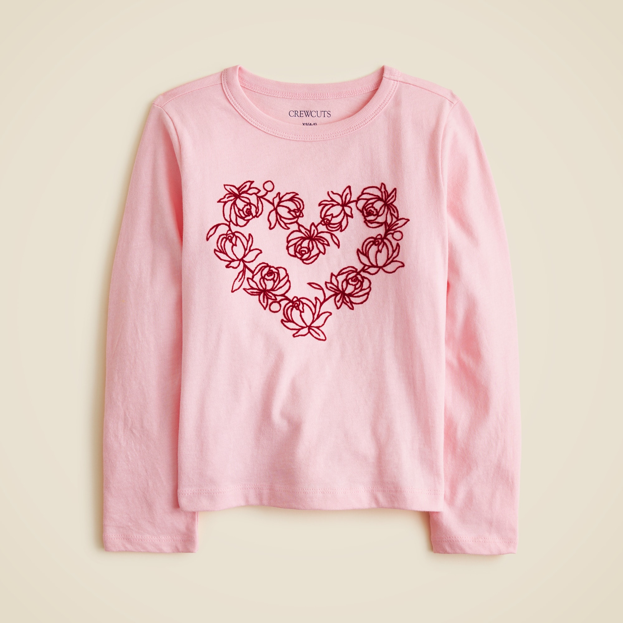 Girls' long-sleeve rosette heart graphic T-shirt with flocking