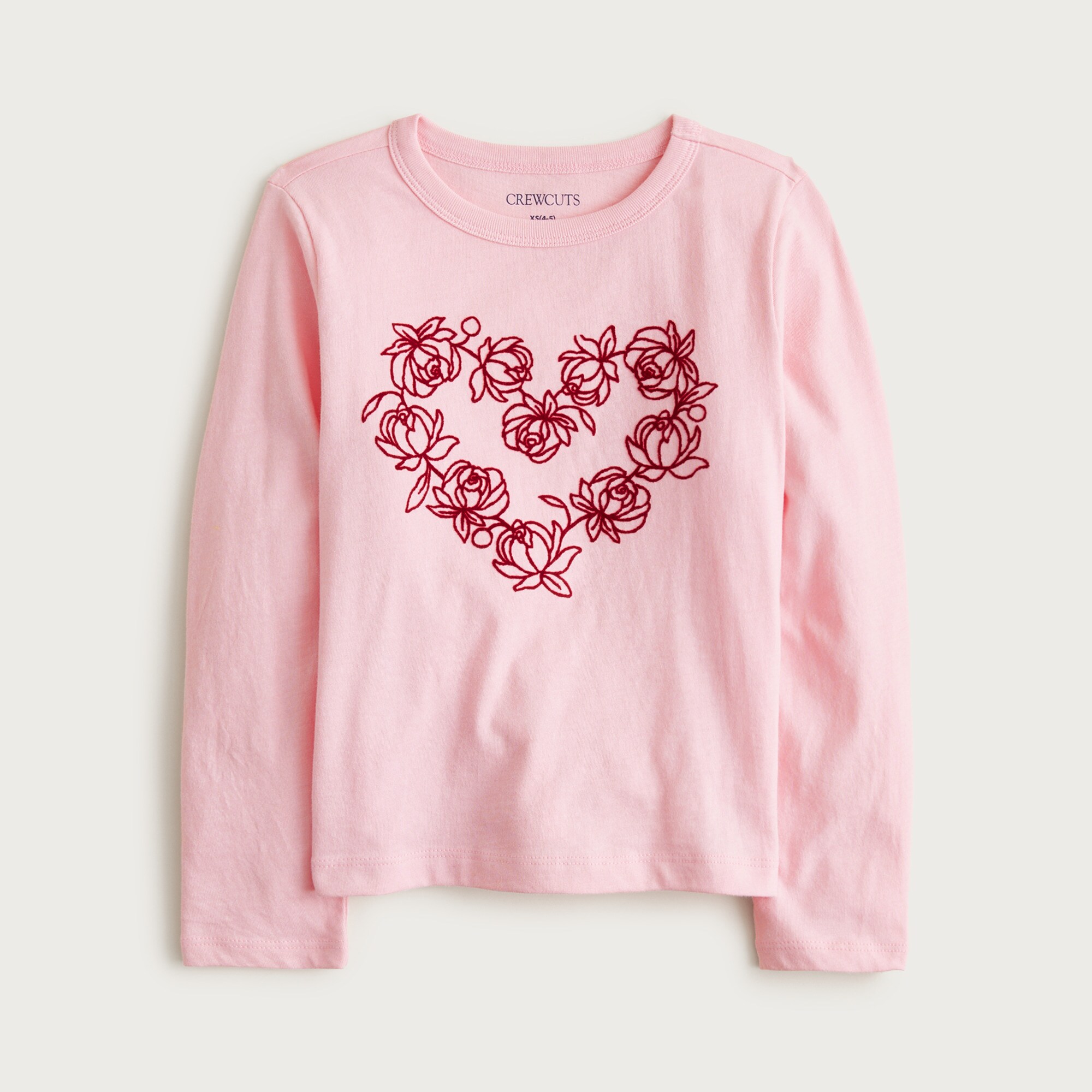  Girls' long-sleeve rosette heart graphic T-shirt with flocking