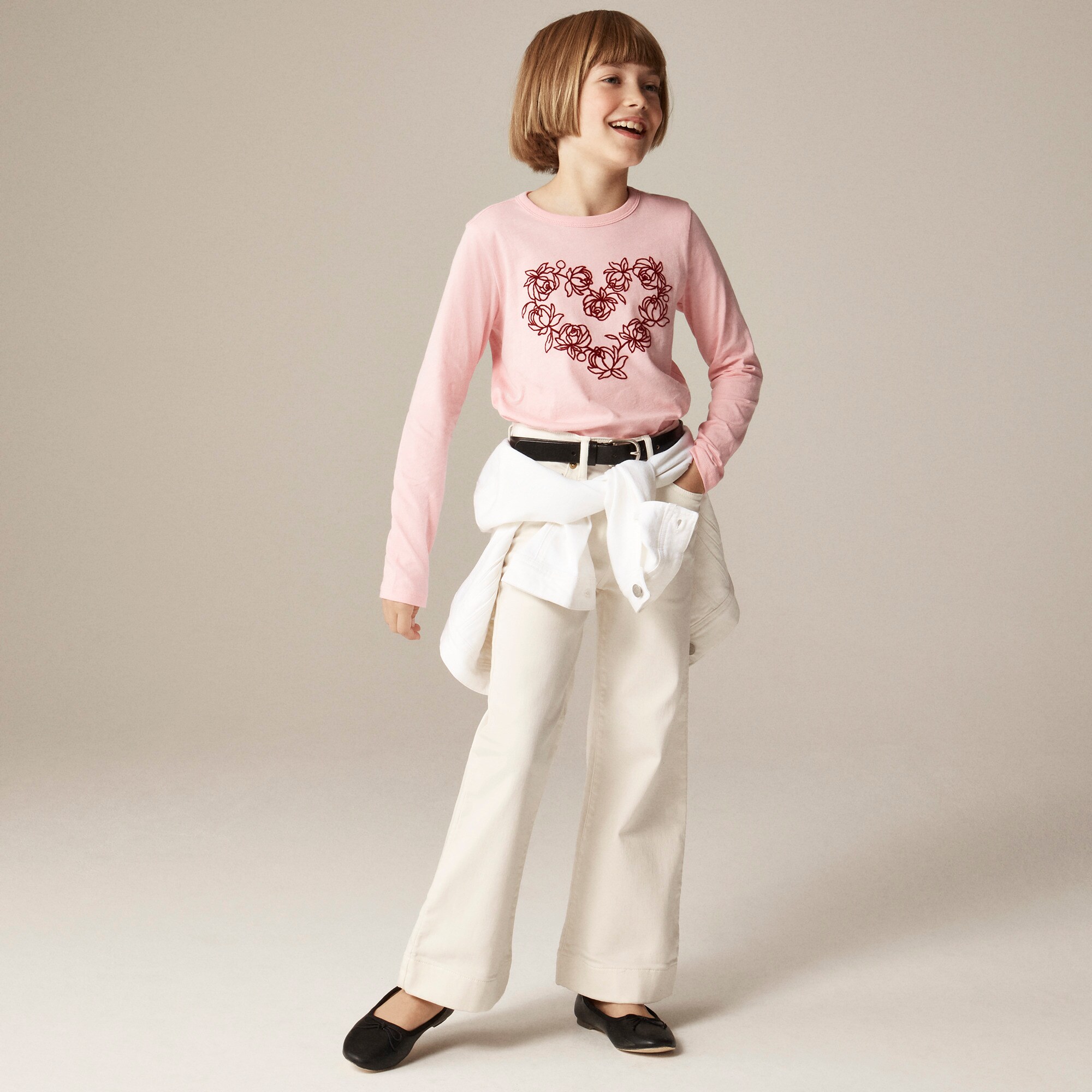 Girls' long-sleeve rosette heart graphic T-shirt with flocking