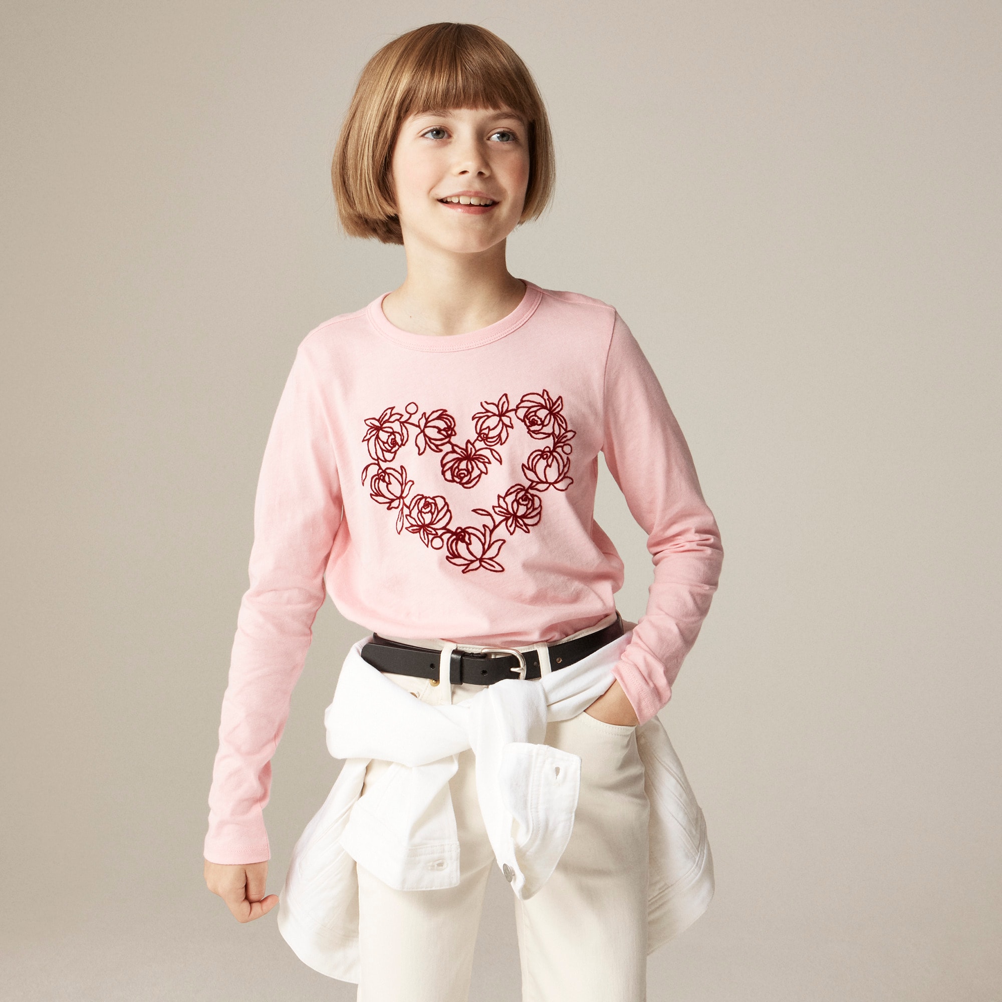 Girls' long-sleeve rosette heart graphic T-shirt with flocking