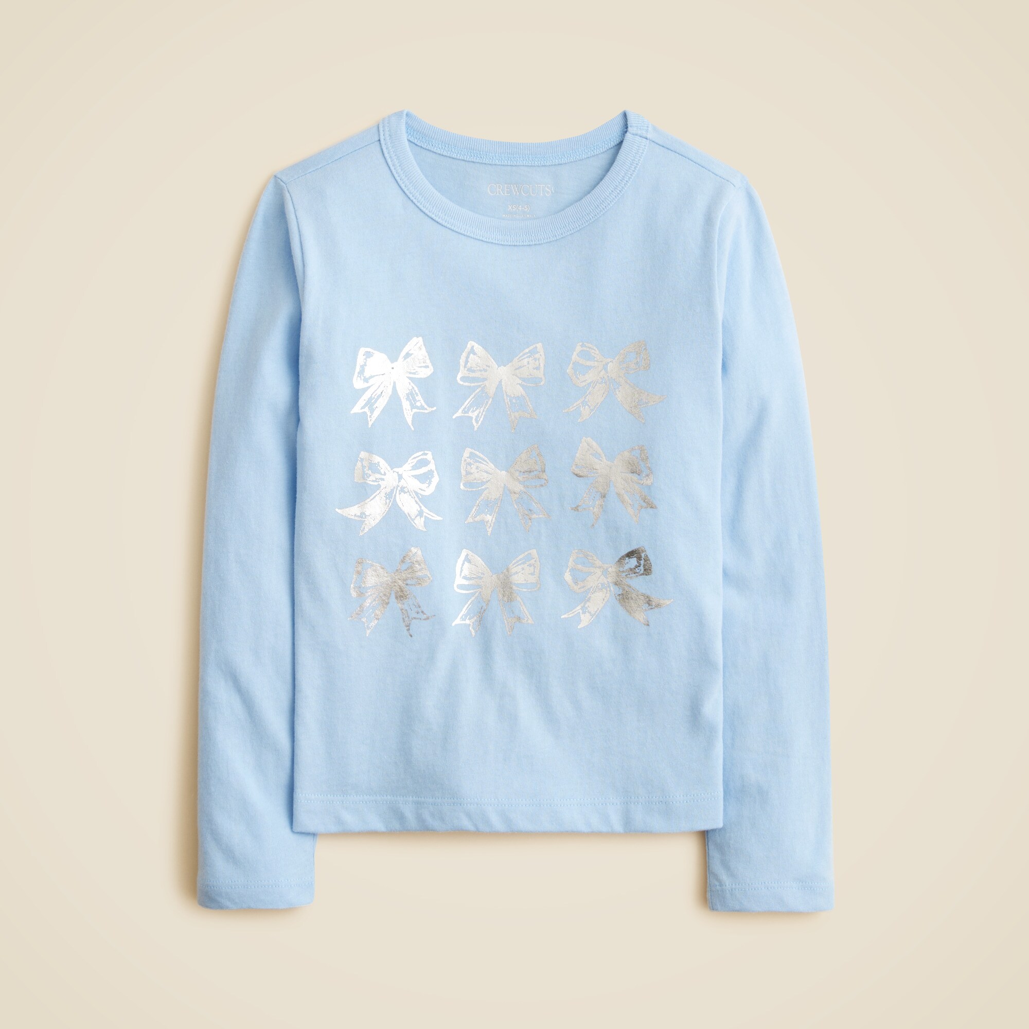 Girls' long-sleeve bow graphic T-shirt with metallic foil