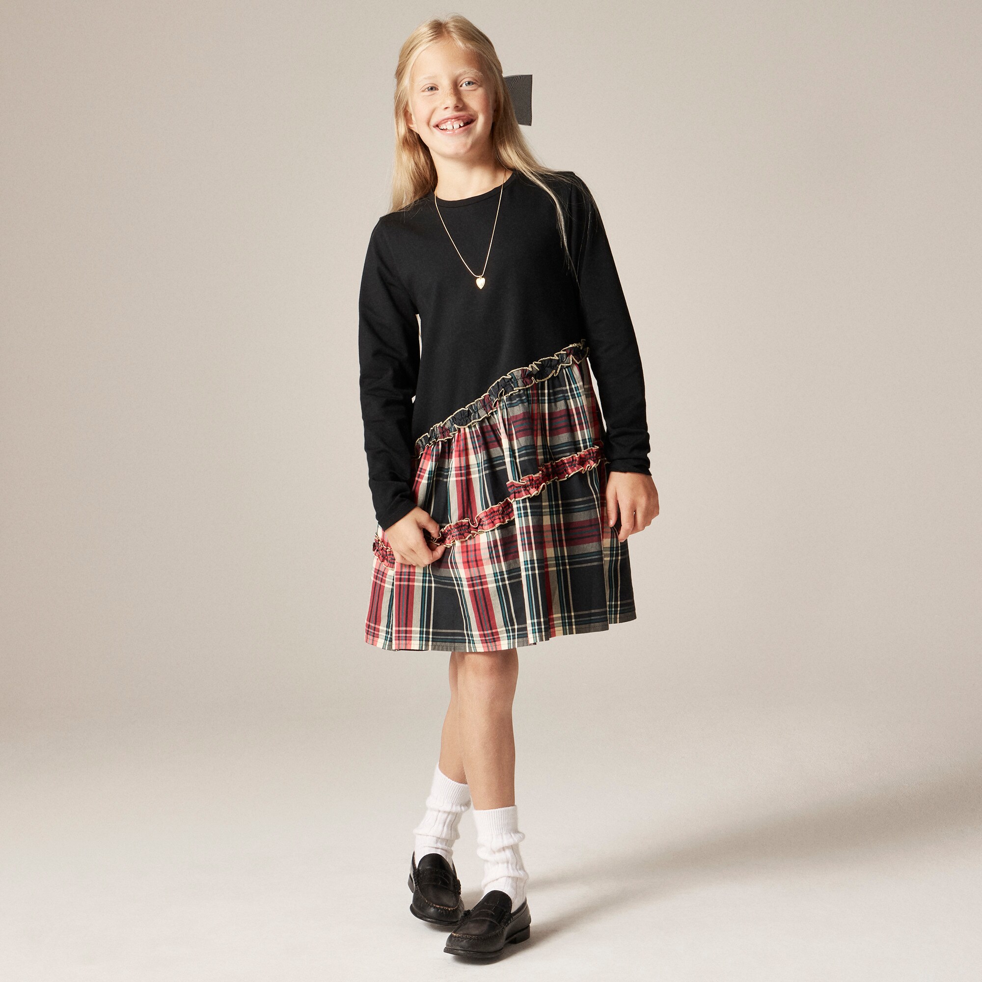 Girls' Emmy long-sleeve mixy dress in tartan