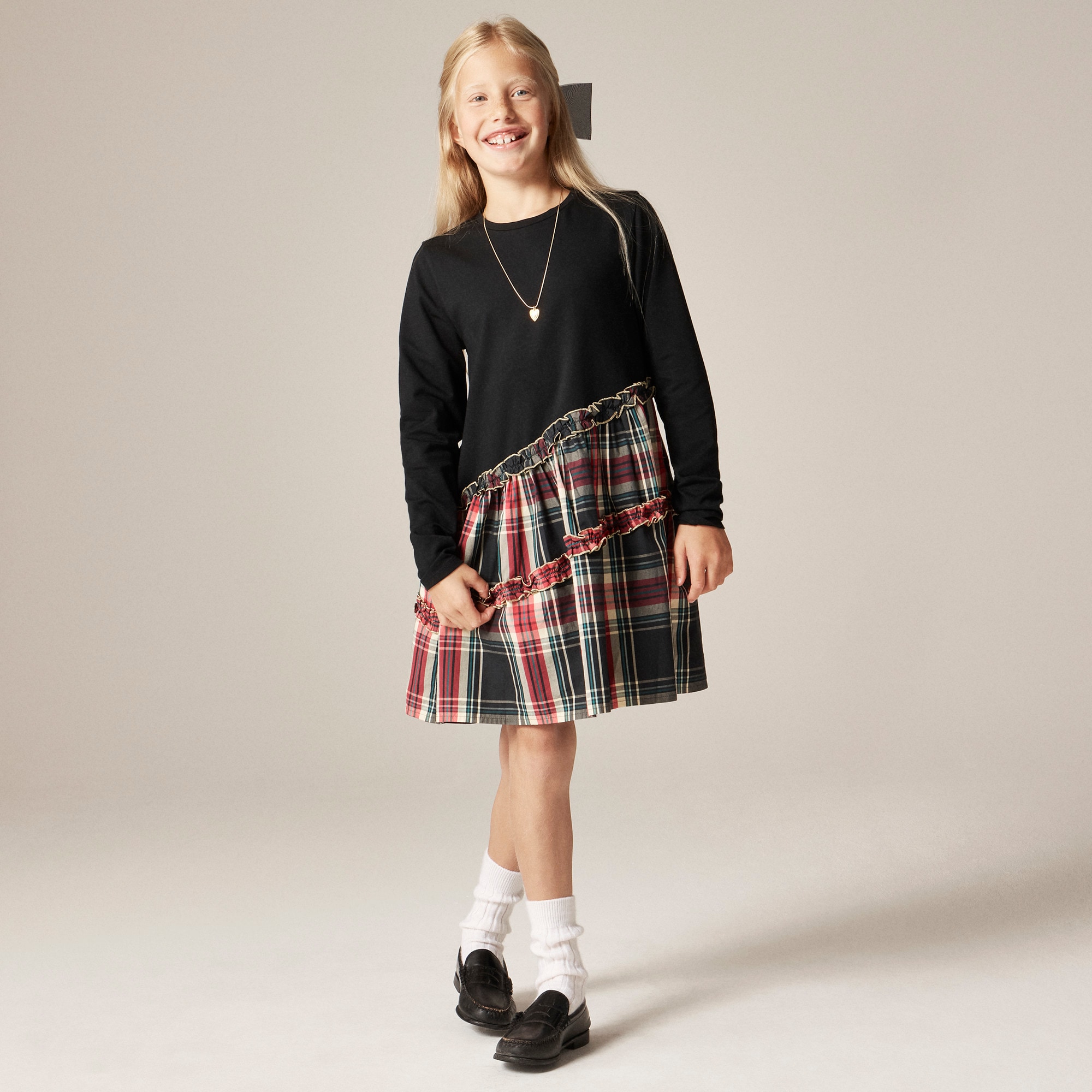 girls Girls' long-sleeve asymmetrical mixy dress in tartan