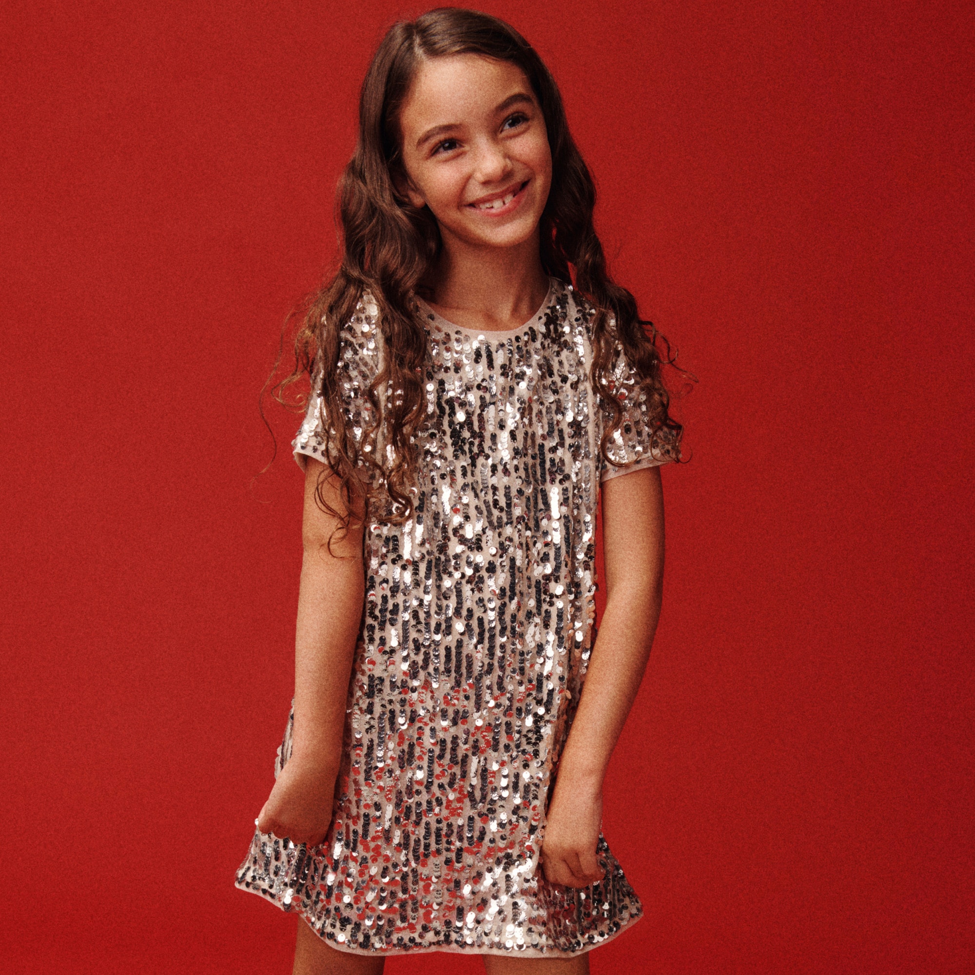 Girls' short-sleeve sequin shift dress