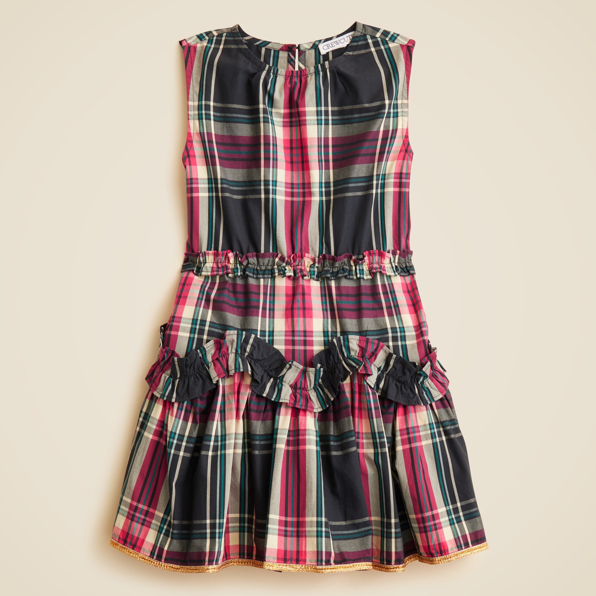  Girls' cotton poplin ruffle dress in Stewart tartan