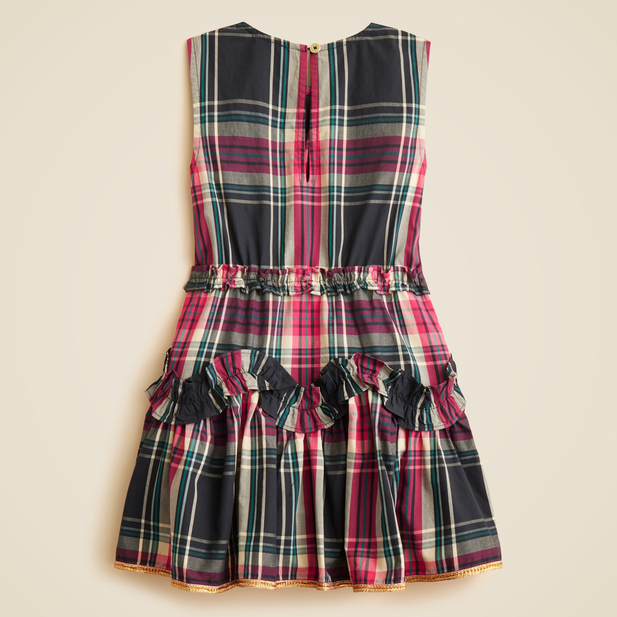 Girls' cotton poplin ruffle dress in Stewart tartan