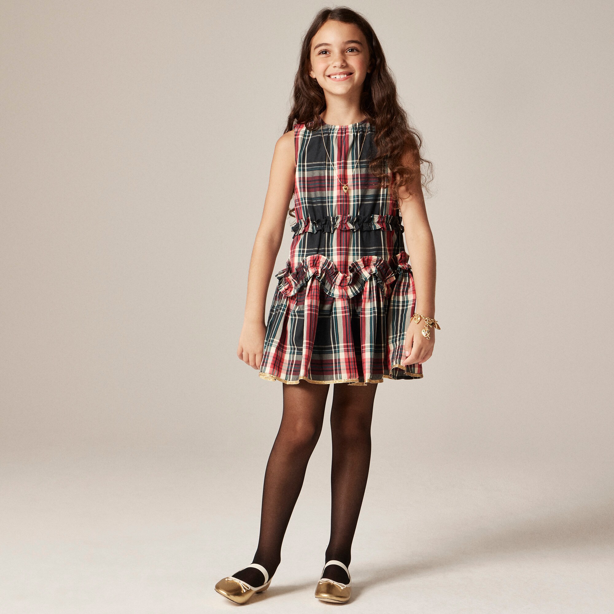  Girls' cotton poplin ruffle dress in Stewart tartan