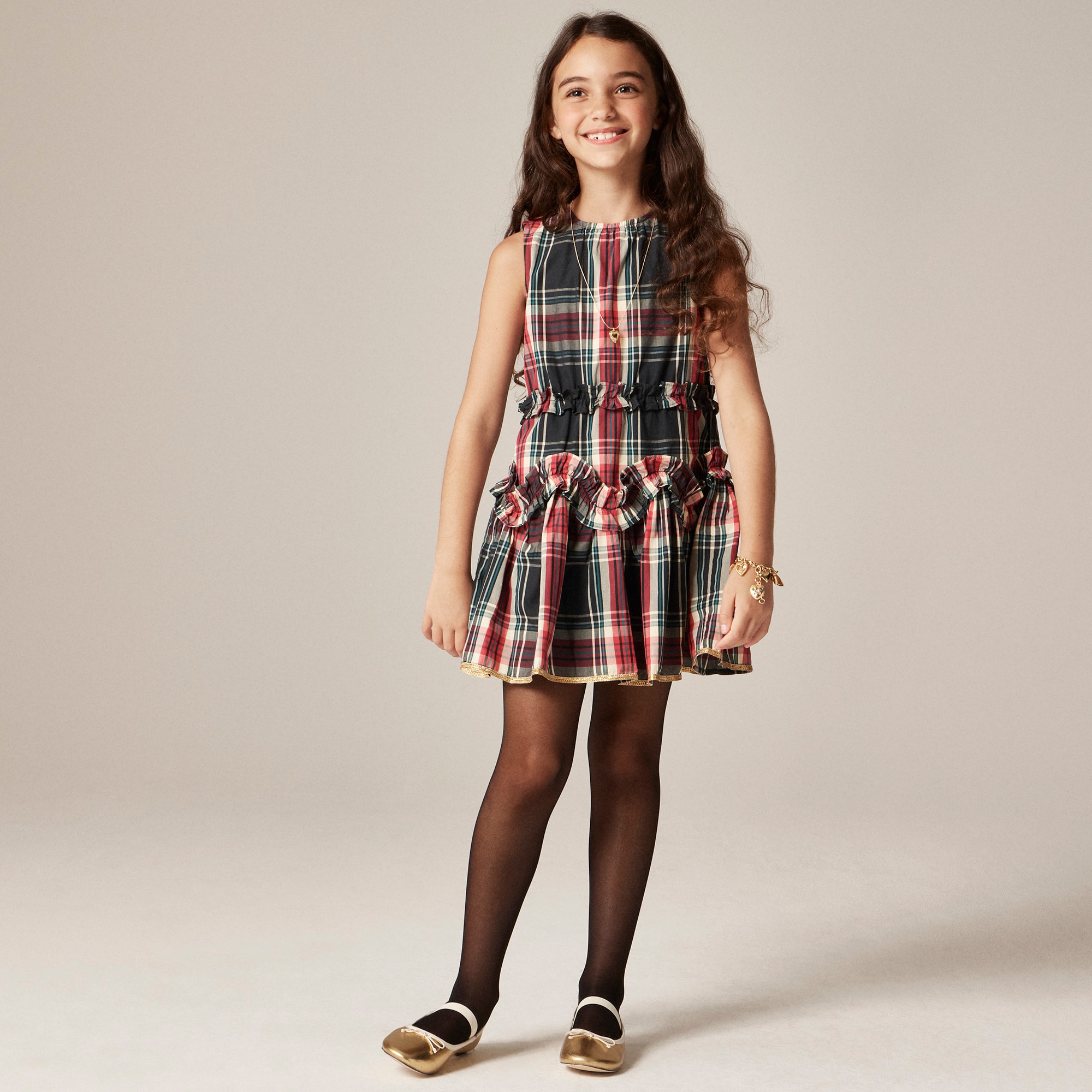 girls Girls' cotton poplin ruffle dress in Stewart tartan