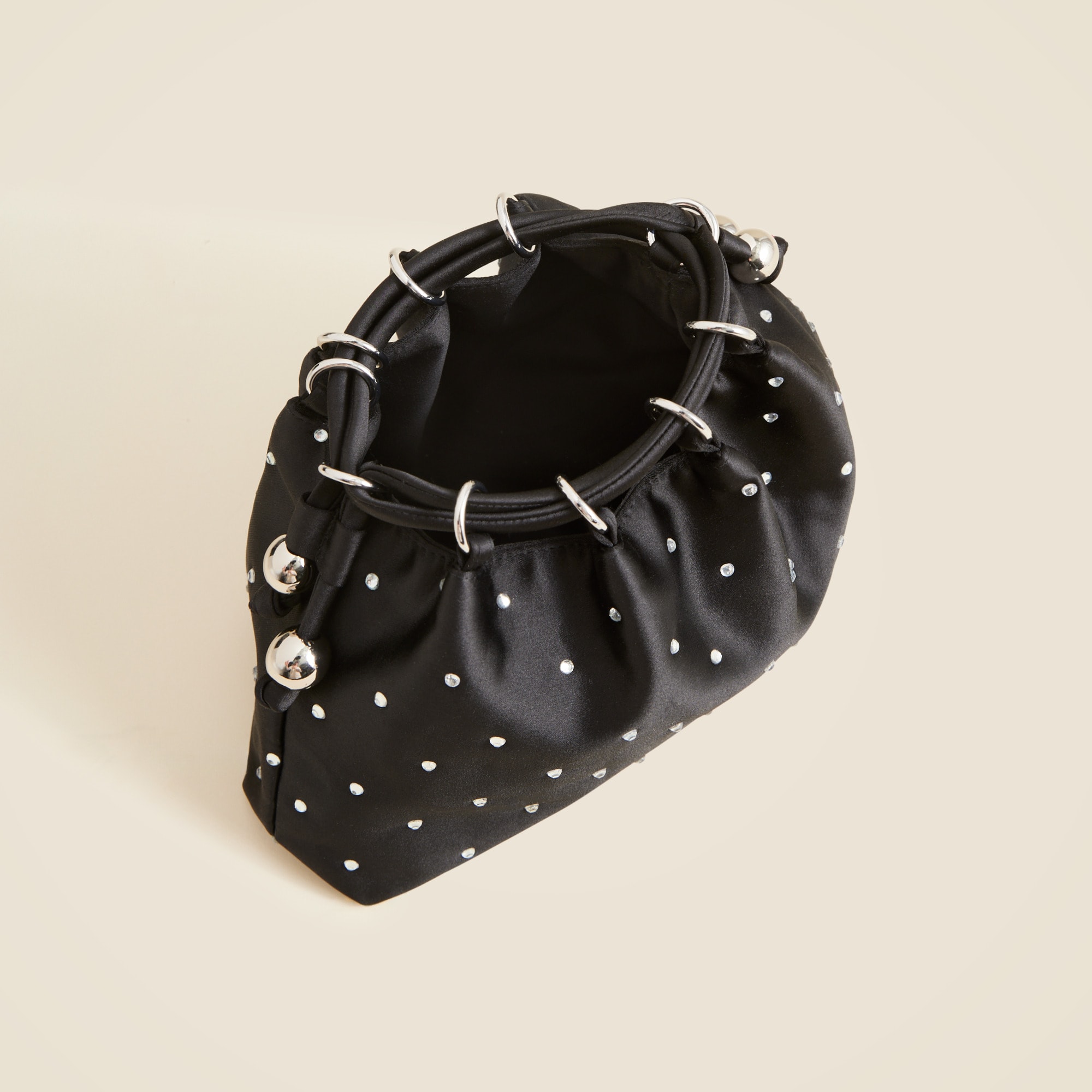 Drawstring pouch bag in crystal-embellished satin