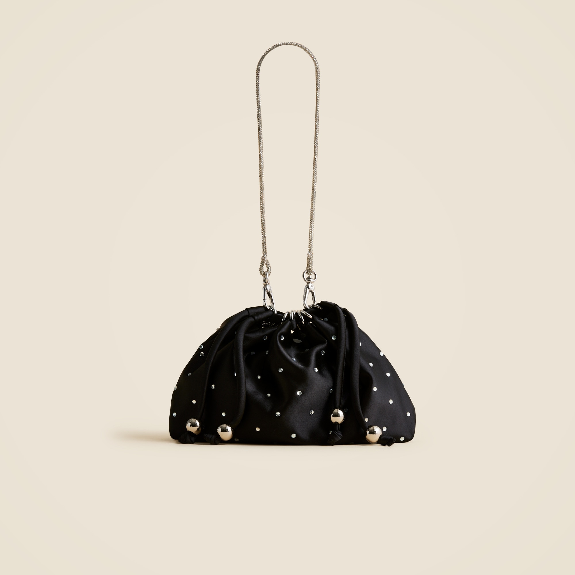 Drawstring pouch bag in crystal-embellished satin