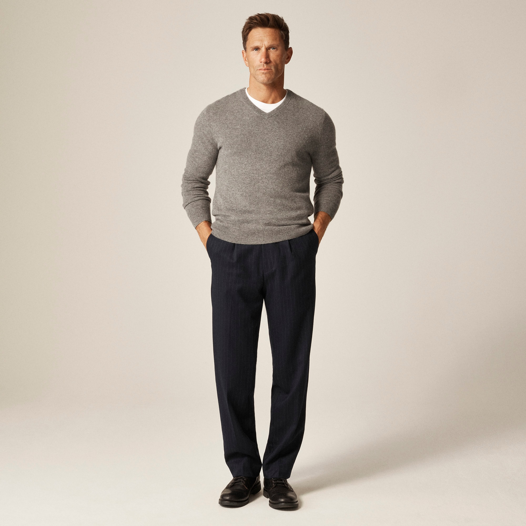 Classic pleated creased wool trouser in pinstripe