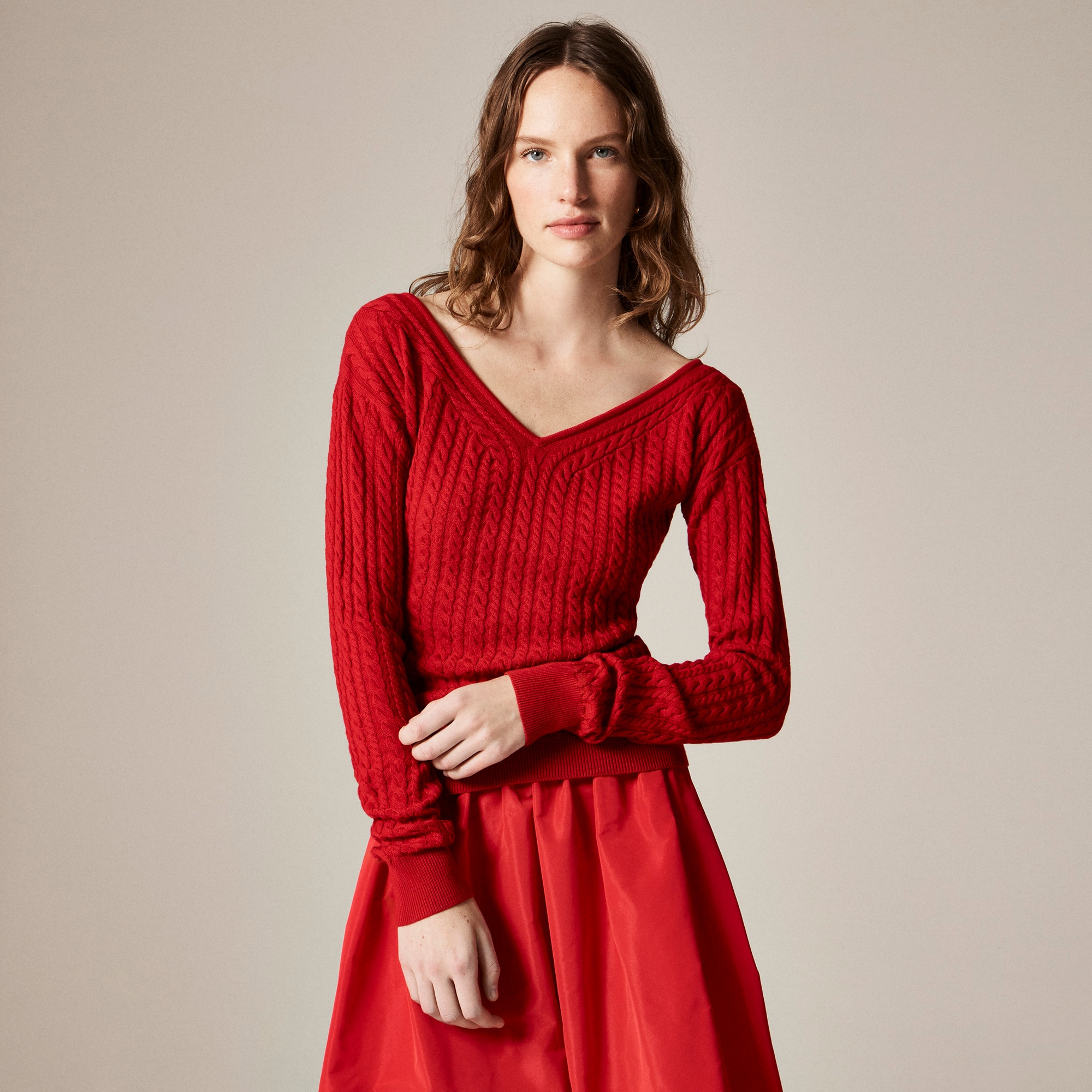 womens Cable-knit wide V-neck sweater in merino wool