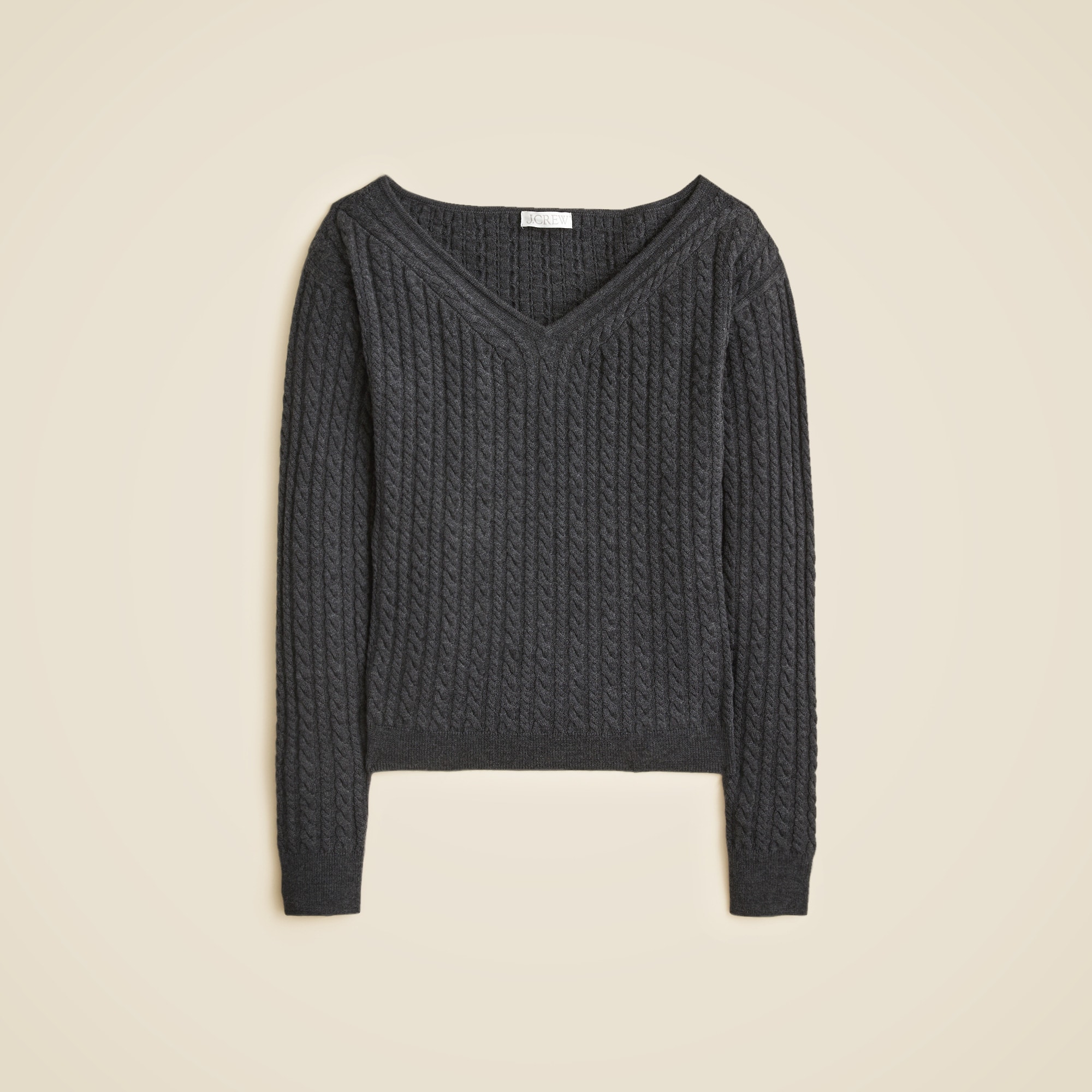 Cable-knit wide V-neck sweater in merino wool