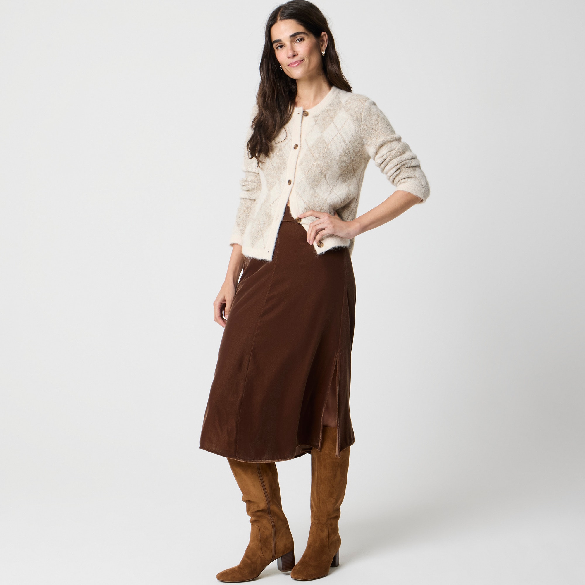 Velvet pull-on midi skirt