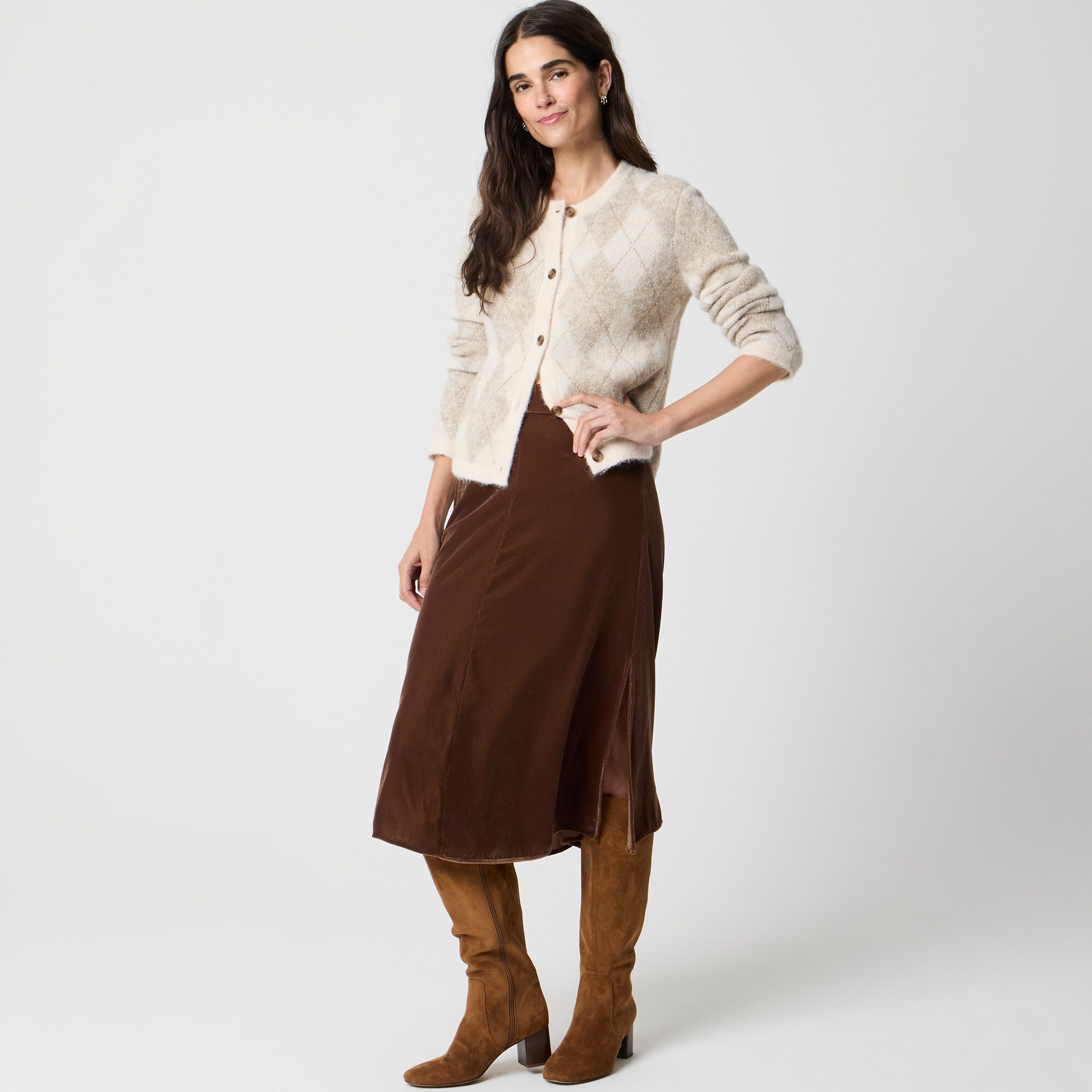 Velvet pull-on midi skirt