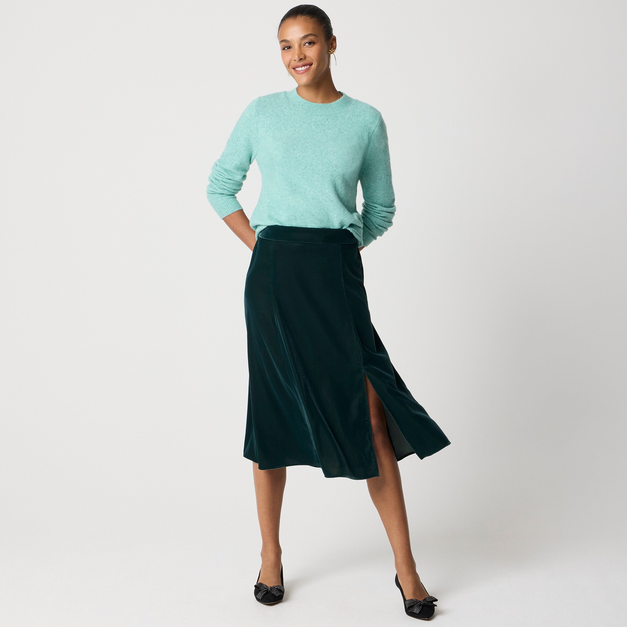 Velvet pull-on midi skirt