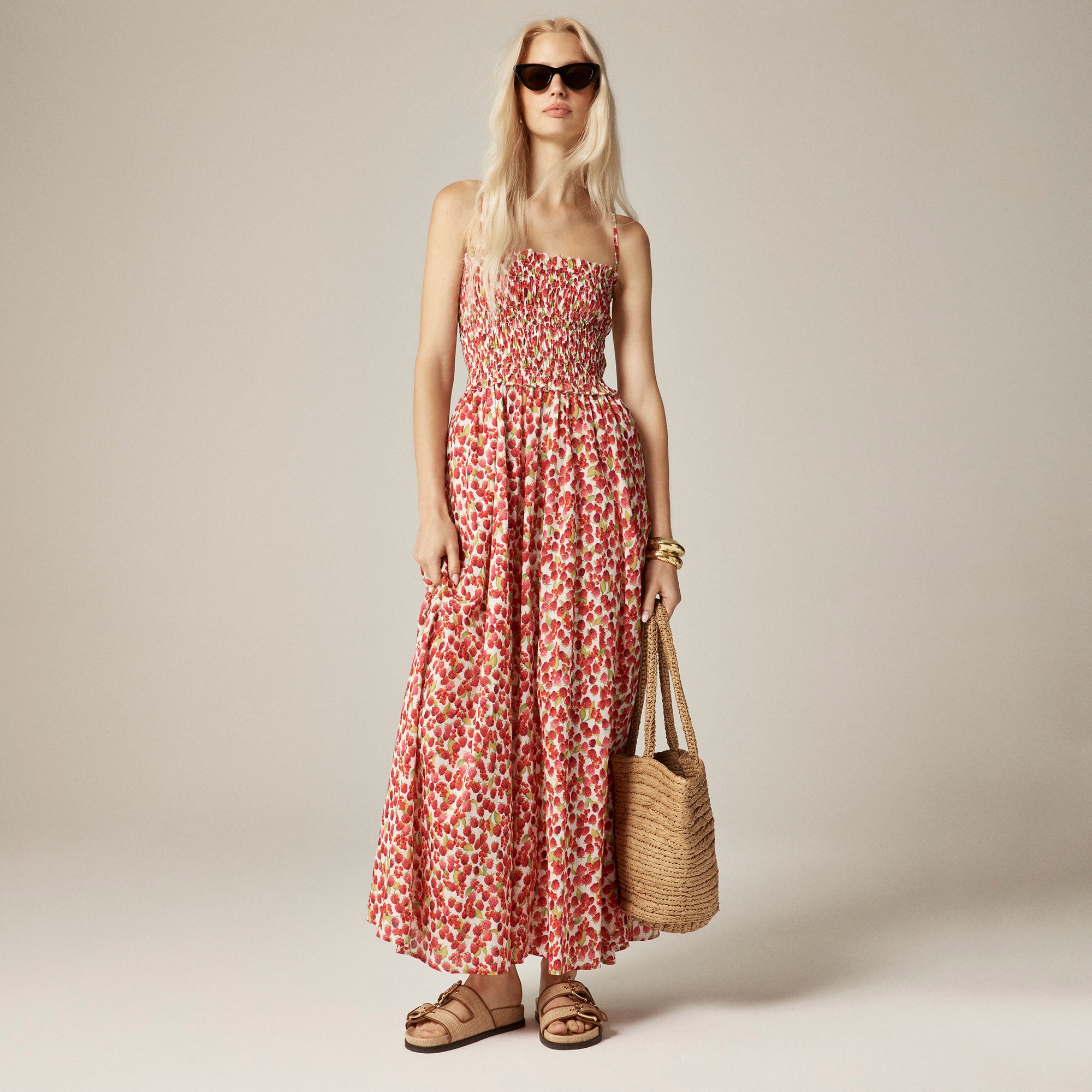  Smocked maxi dress in raspberry print