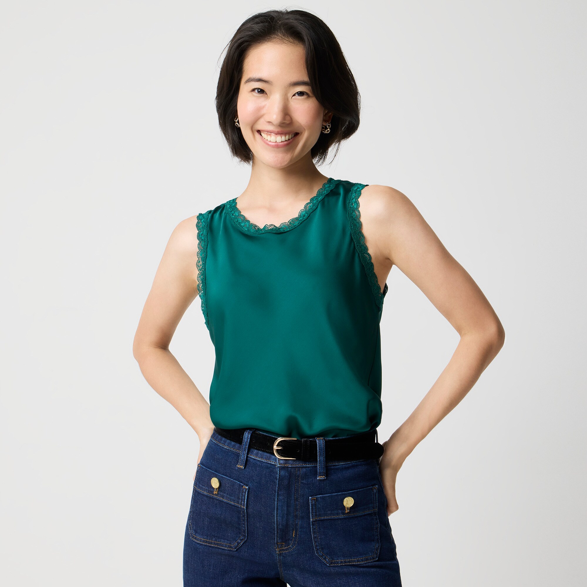 Lace-trim satin tank top
