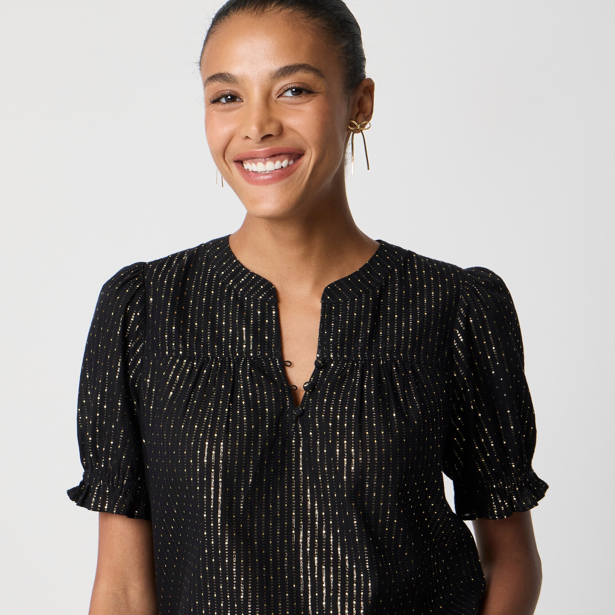 Metallic-dot puff-sleeve top