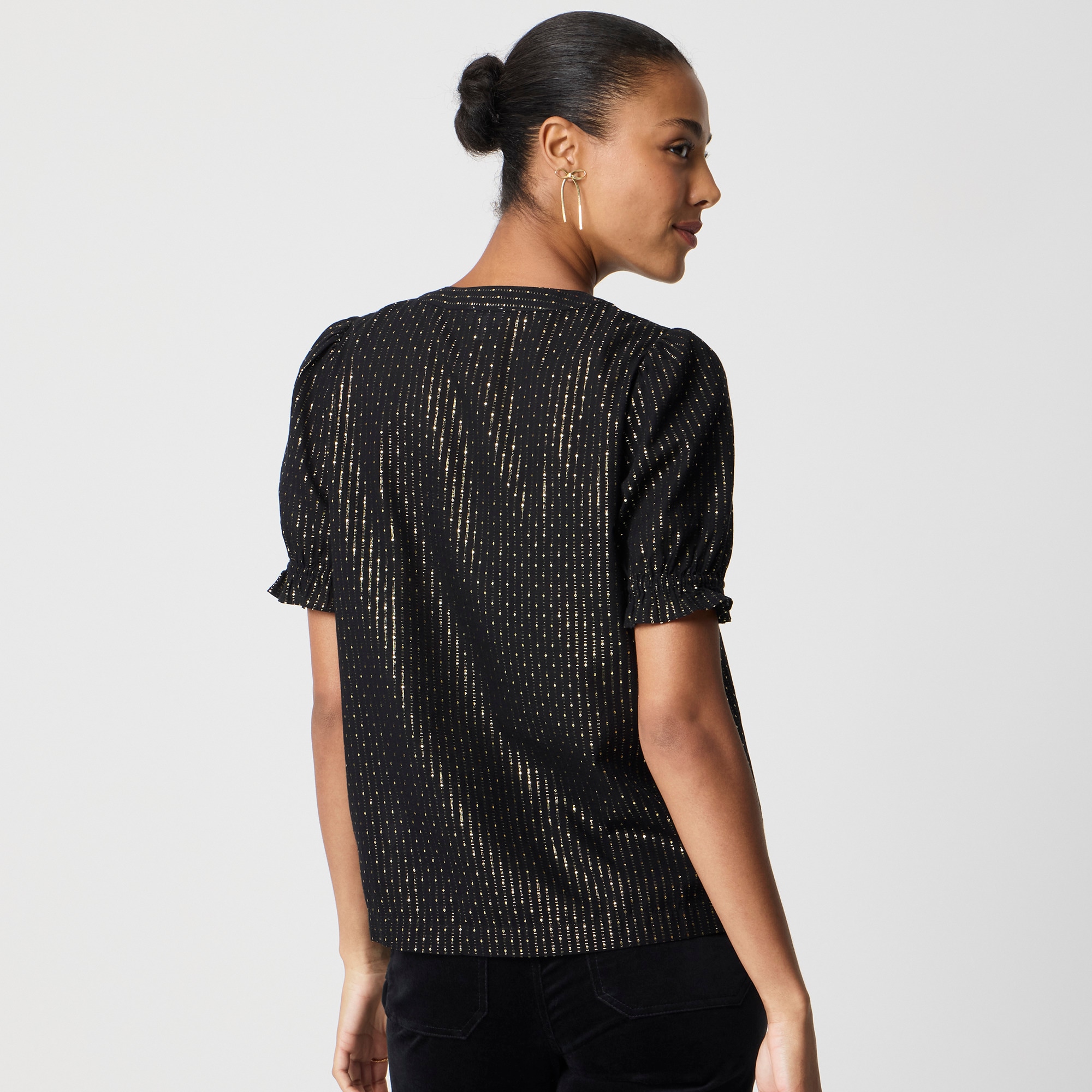 Metallic-dot puff-sleeve top