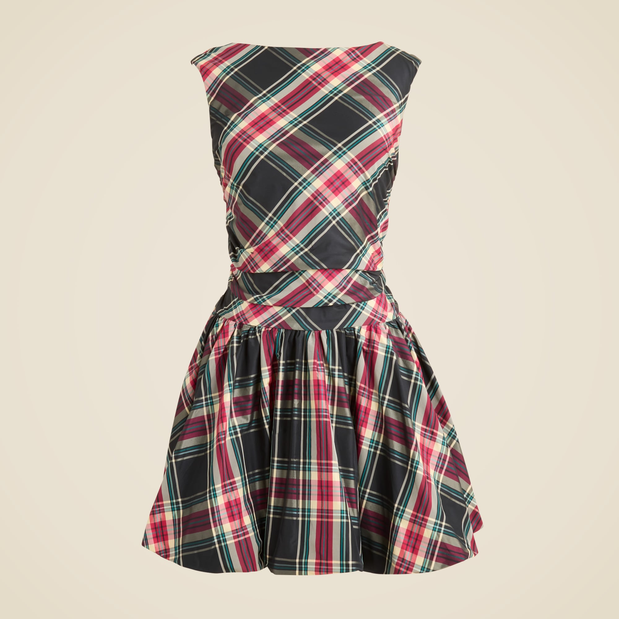 Ruched bubble-hem dress in Stewart tartan taffeta