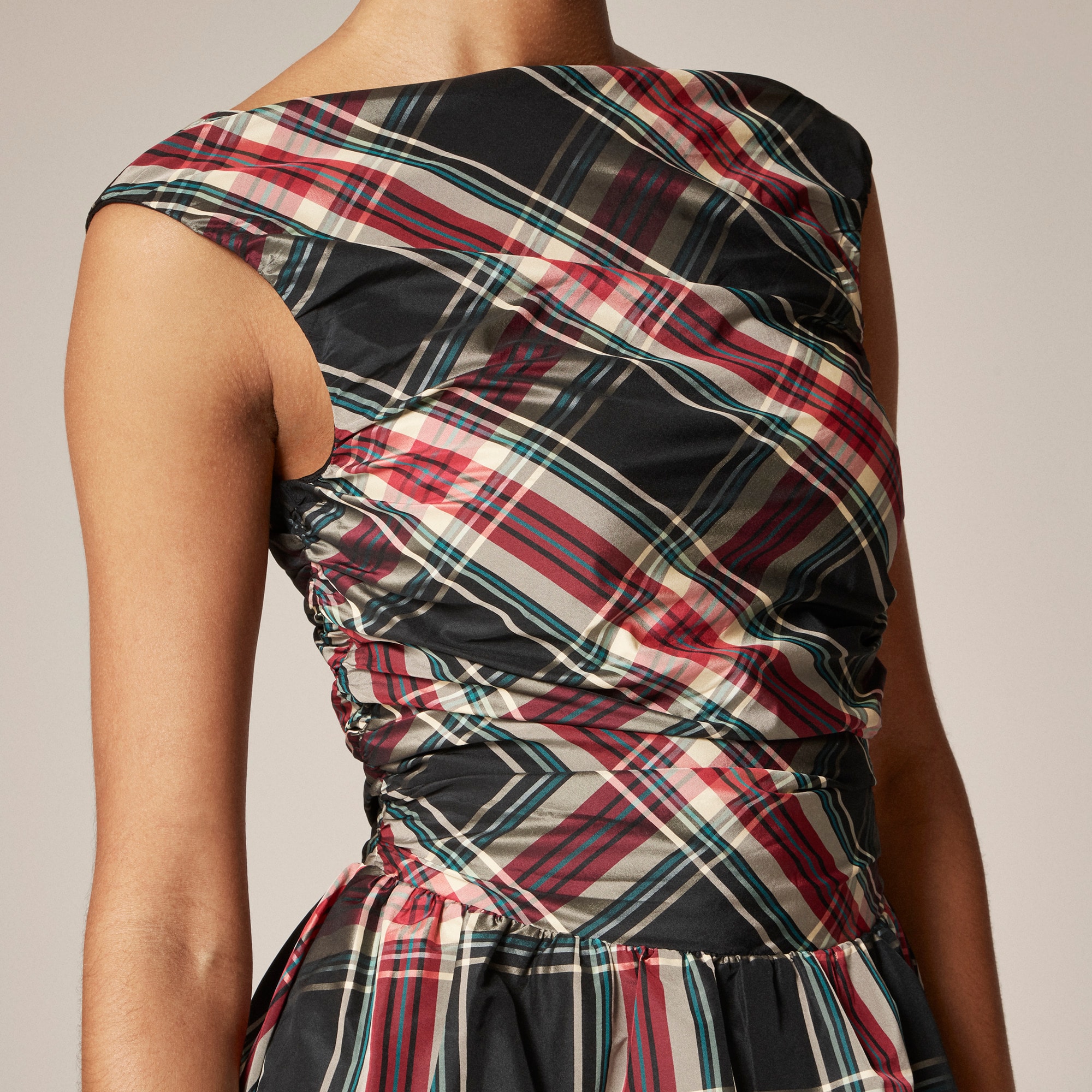 Ruched bubble-hem dress in Stewart tartan taffeta