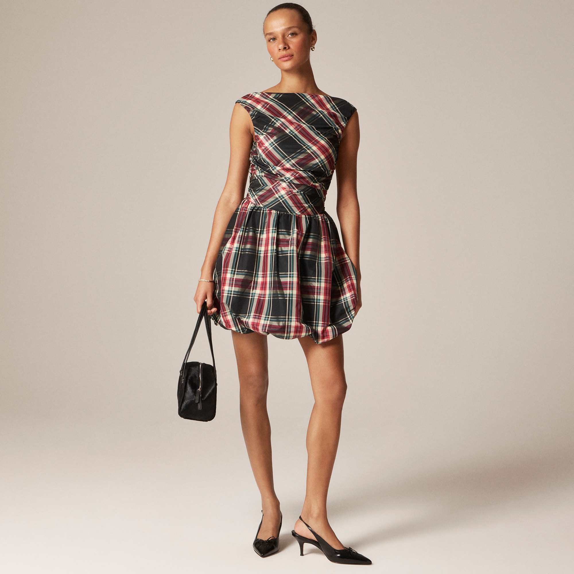 womens Ruched bubble-hem dress in Stewart tartan taffeta