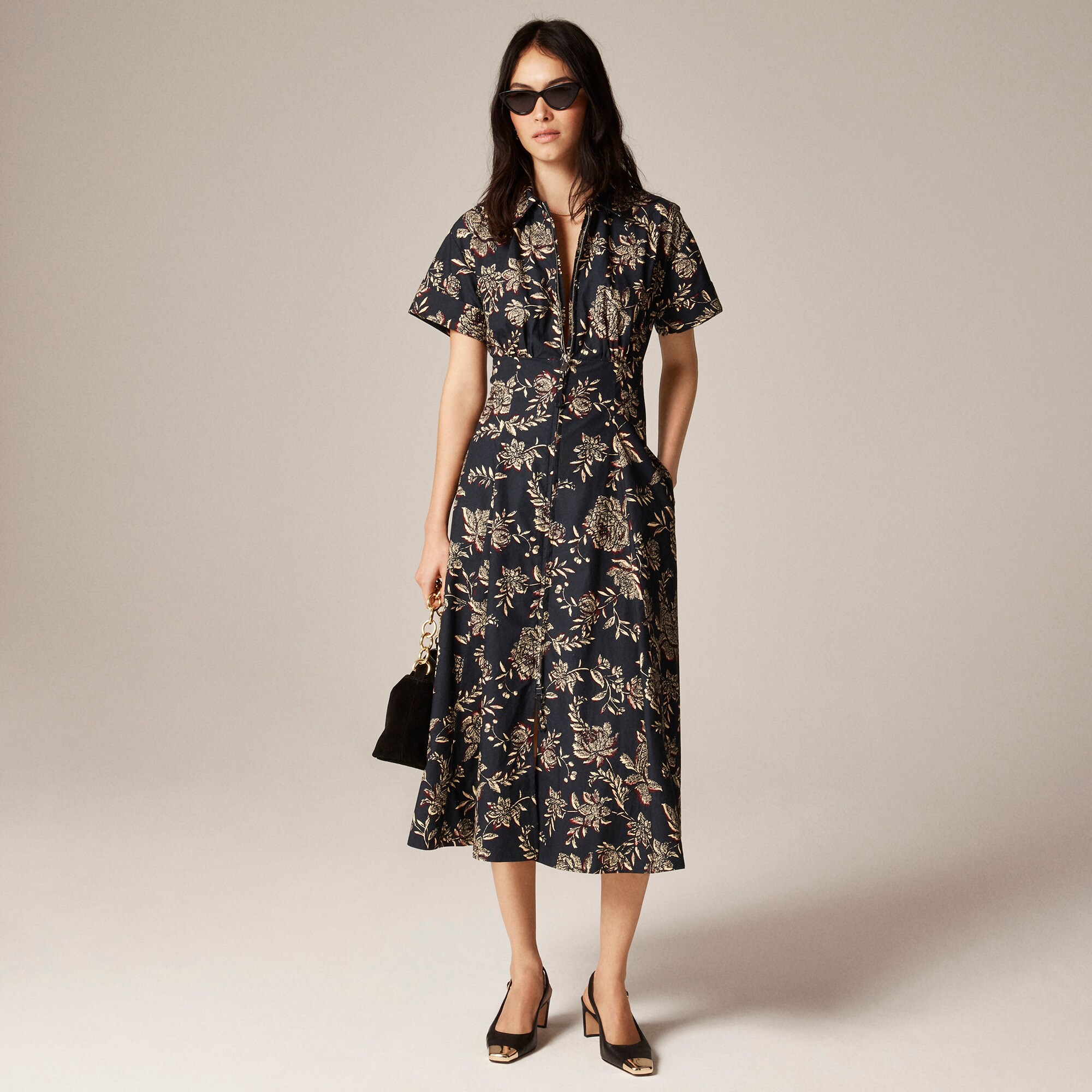 Zip-up shirt-dress in floral cotton poplin