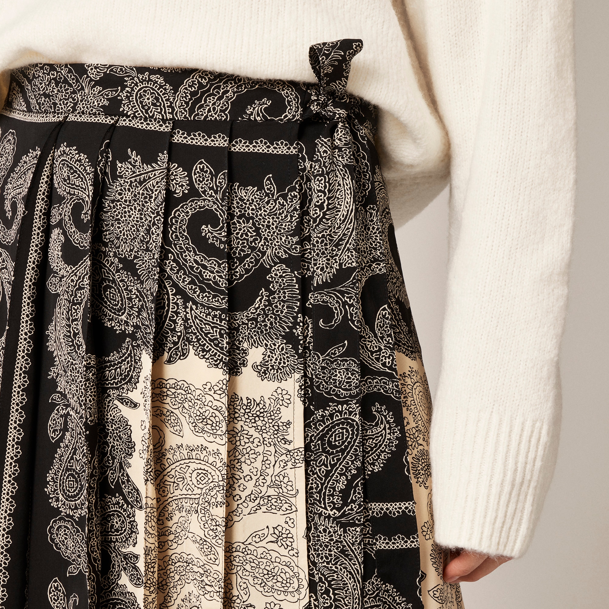 Pleated wrap skirt in paisley scarf print